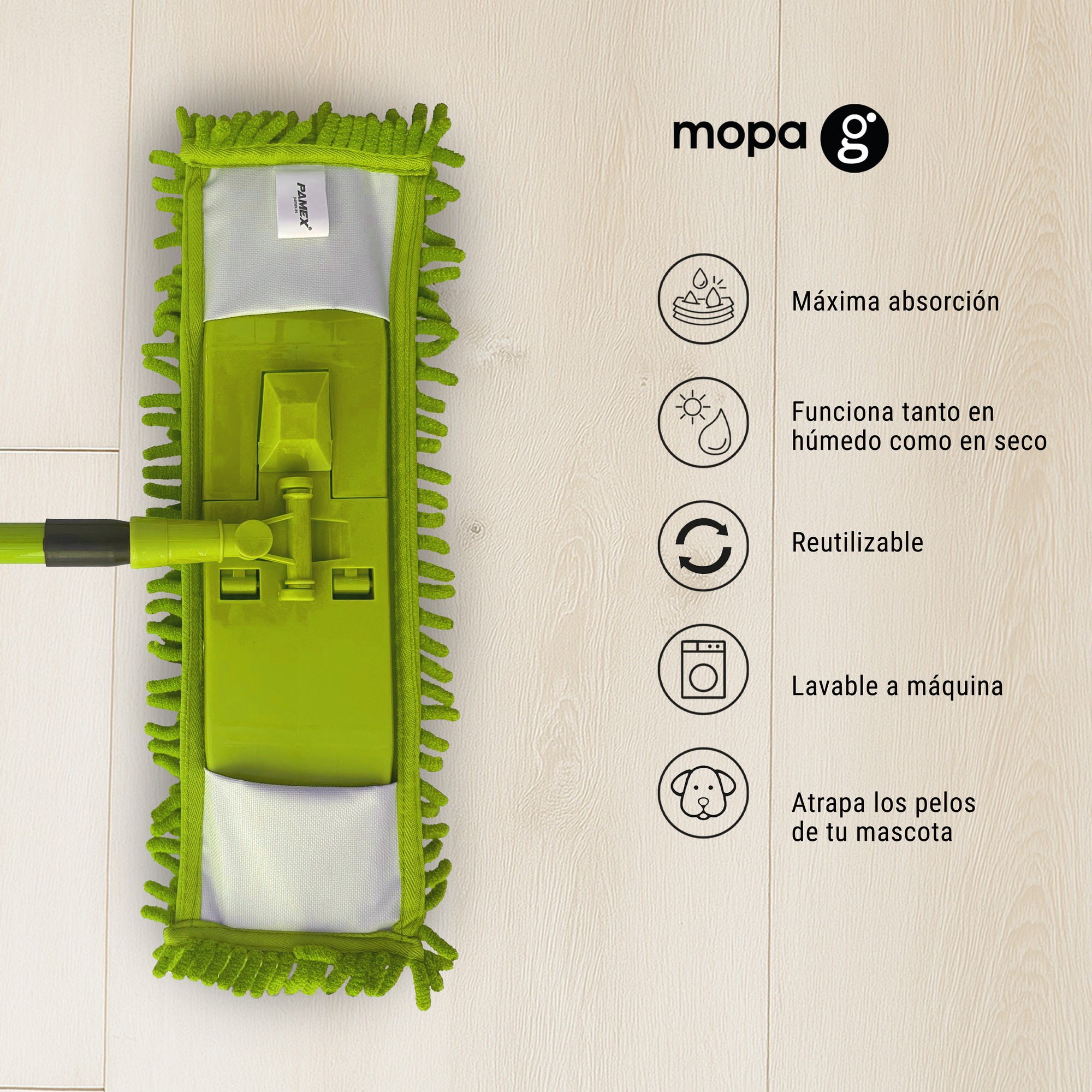TEMU PAMEX – 1 -Set Mopa G Punto con Base, Recambio y Palo Extensible 140 cm, 3 Colores Surtidos (Verde, Azul y )-Mopa Profesional para Suelos-1