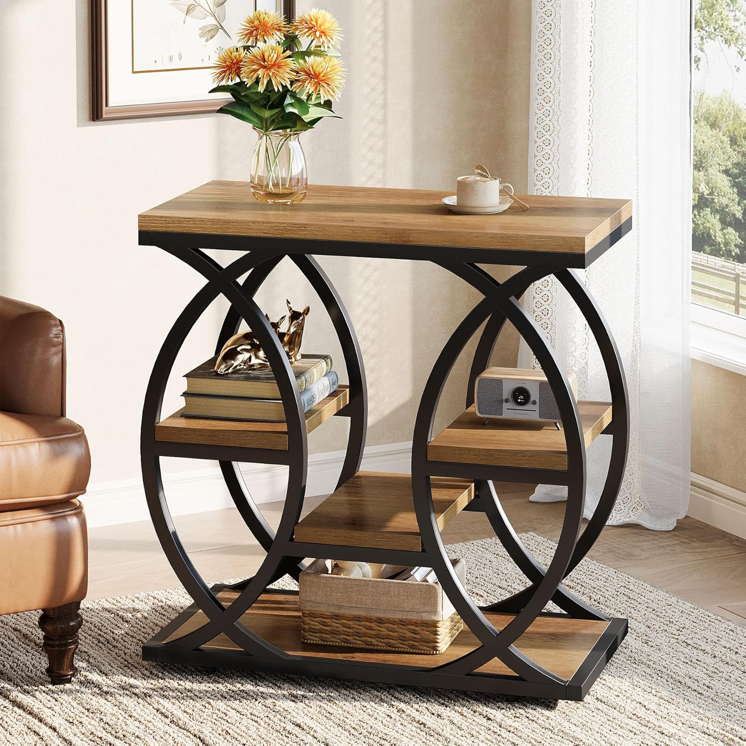 Slim Side Table With 4 Shelves, Industrial Style, Versatile As Nightstand, Coffee Table, Or Sofa Table For Living Room, Bedroom, And Entryway, Light Brown
