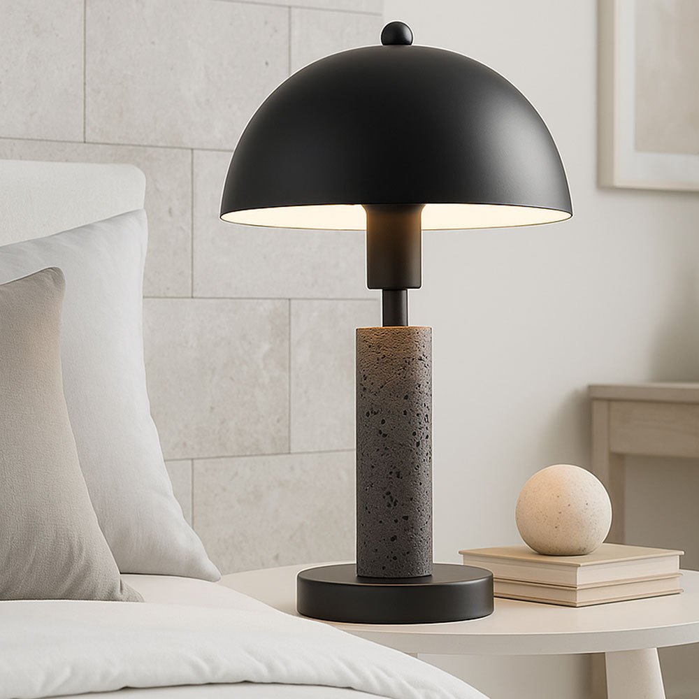 Image of Black Table Lamp, Side Table Lamp, Living Room Lamp With Travertine Stone And Metal, 1x E14 Socket, Dxh 20x34 Cm, Bulb Not Included