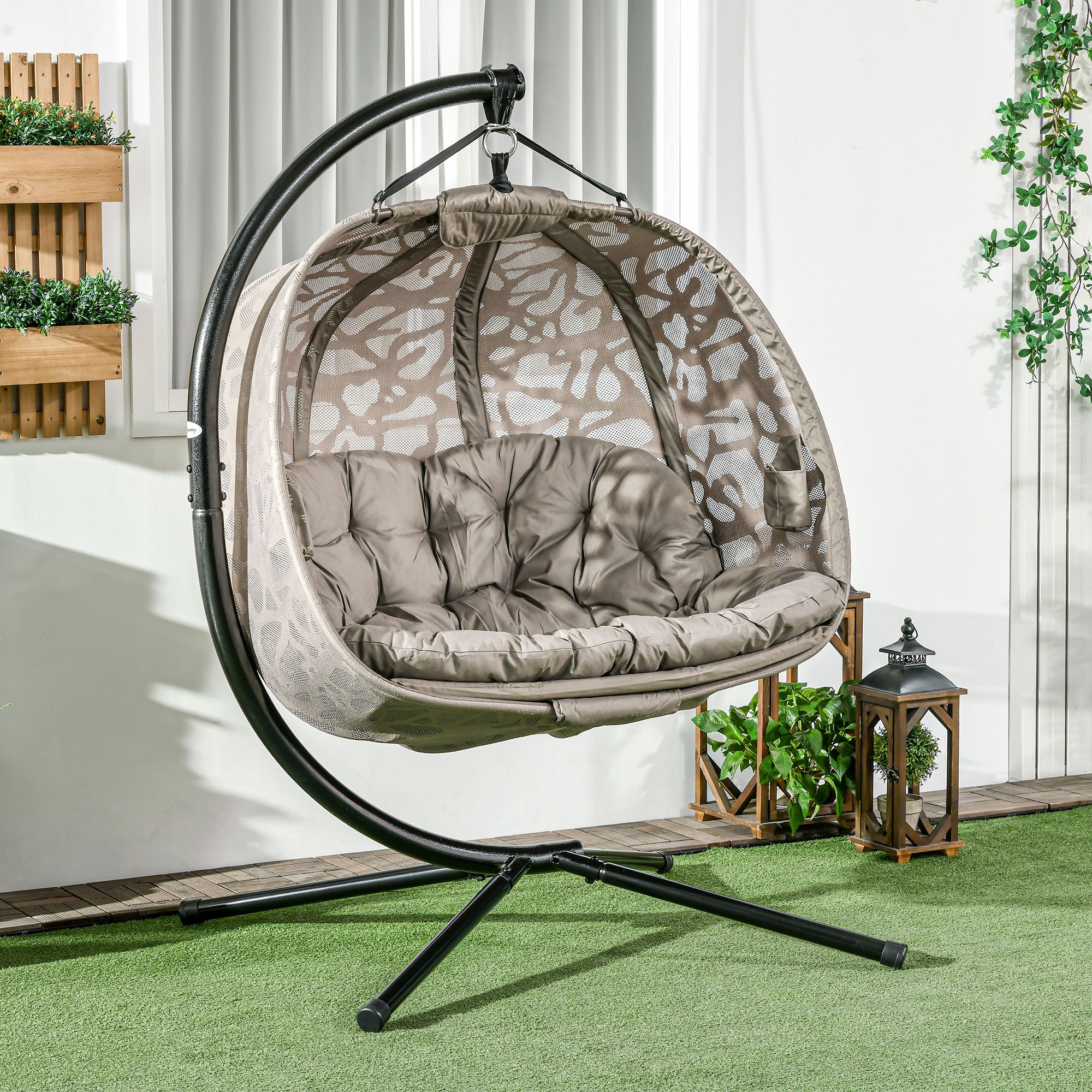 Outsunny Hanging Chair, 2-seater Hanging Chair With Cushions, Hanging Swing With Folding Seat, Side Pockets For Indoor, Outdoor, Load Capacity Up To 240 Kg, Polyester+steel, Sand