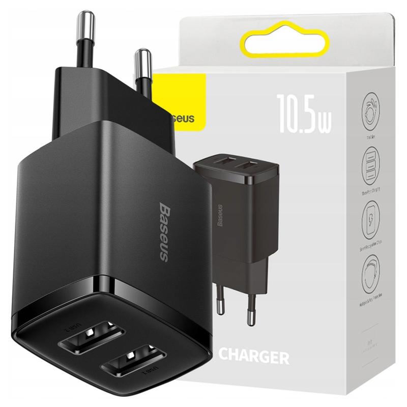 TEMU Compact Quick Charger 2x Usb, 10.5w Fast Charging, Black, Compact, Compatible With Mobile Devices, Small And Efficient
