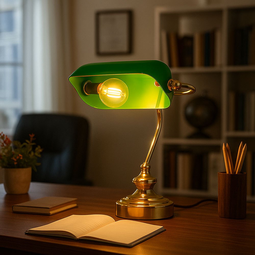 Image of Adjustable Table Lamp, 's Lamp, Brass Green Desk Lamp, Vintage, Metal Acrylic, 1x Led 4w 350lm Warm White, Lxwxh 19x16.5x24 Cm