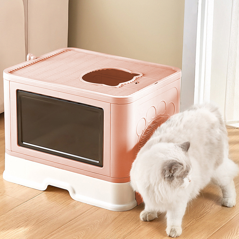 Space-Saving Foldable Cat Litter Box with Drawer, Pink Fully Enclosed Design with Top-Entry, Built-In Rubbing Brush, and Litter Scoop, Anti-Splash Walls, Odor Containment, Durable Plastic, Great for Multi-Cat Homes and Limited Spaces