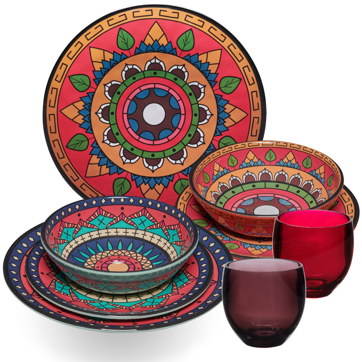 Image of Melamine Dish Set Deep For 2 People - 8pcs - - Mandala Optics With Color-matching Drinking Glasses 400 Ml Accessories Camping Dish Set Camping Festival Picnic Garden Party
