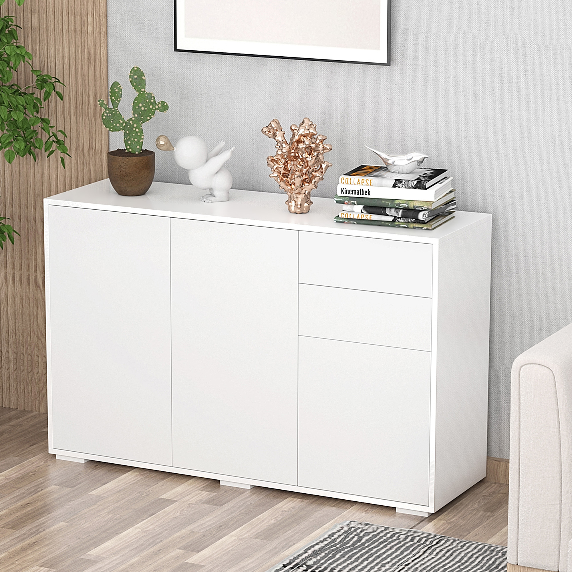 Sideboard Dresser With 2 Drawers, 3 Doors, Adjustable Shelves, Storage Cabinet For Bedroom, Living Room, 117 X 36 X 74 Cm, White