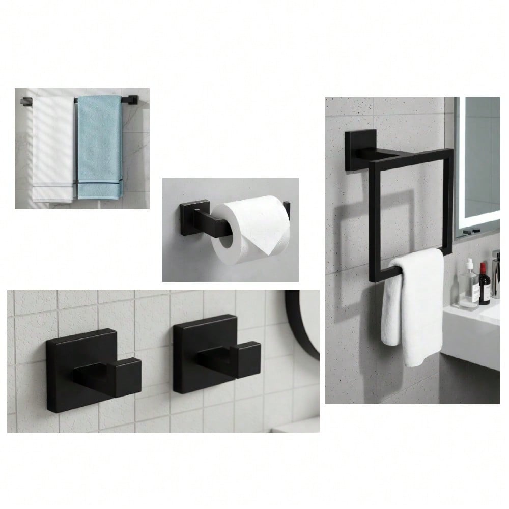 TEMU 5pcs Minimalist Bathroom Set, Matte Black 304 Stainless Steel Towel Rack And Toilet Paper Holder Hardware Combination