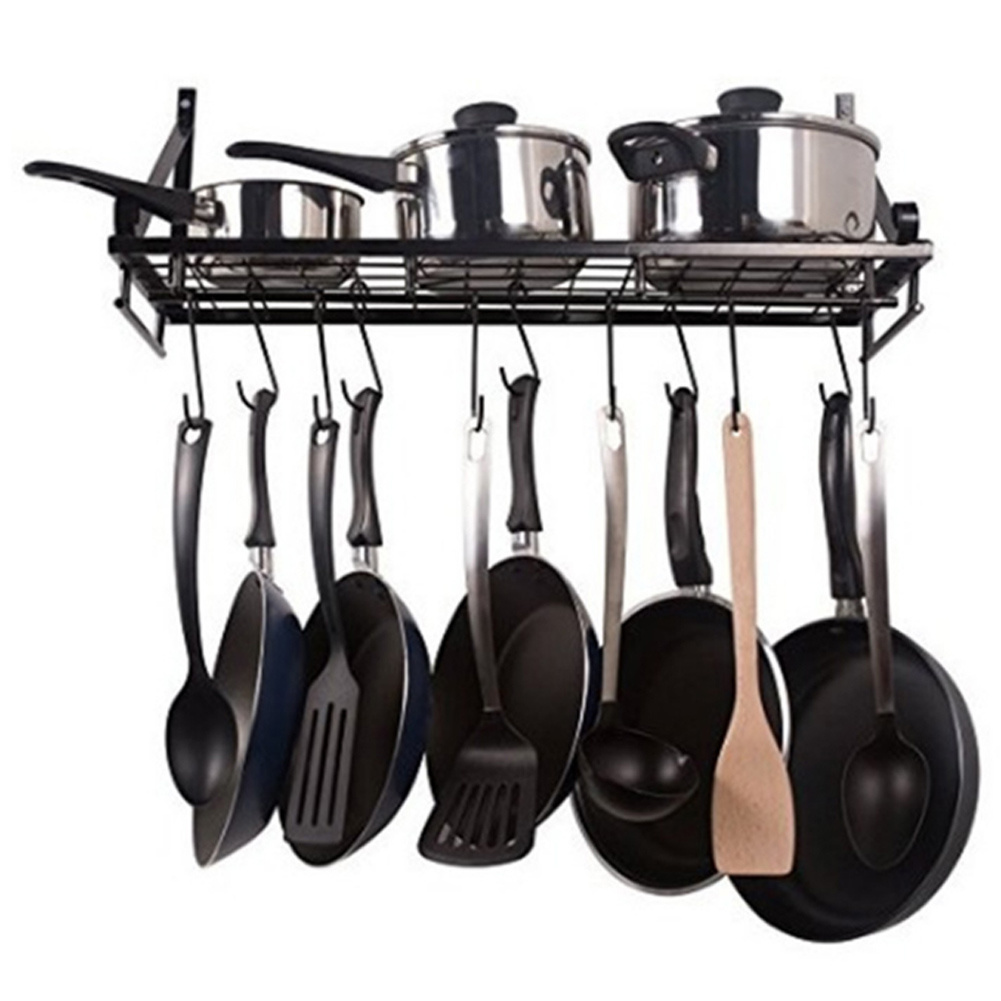 TEMU Kitchen Large Capacity Cookware Rack, Wrought Iron Kitchen Wall Mounted Cookware Rack, Kitchen Storage Rack, Towel Organizer With Hooks,