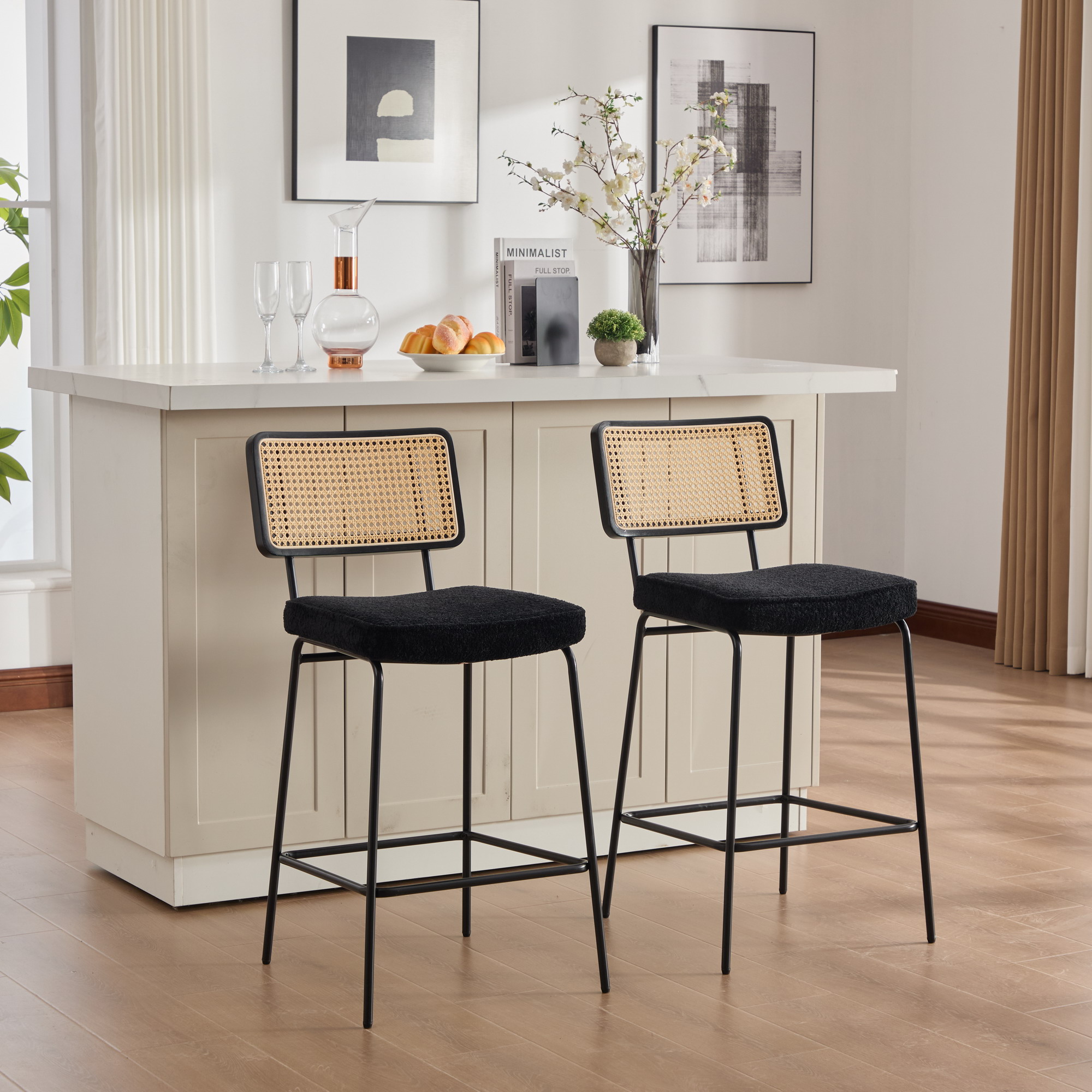 Image of Modern Bar Stool In High-, 2 Chairs Per Package, Seat Surface Made Of Chenille Fabric, Design Without Armrests, Backrest With Wooden Frame And Rattan Optics, Metal Legs With Lacquer Coating.-ivory