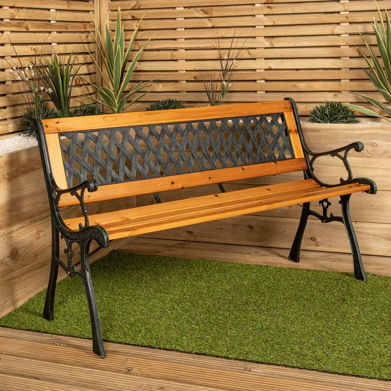 Samuel Alexander 2 Seater Outdoor Wooden Cast Iron with Lattice Design Garden Patio Bench, Brown