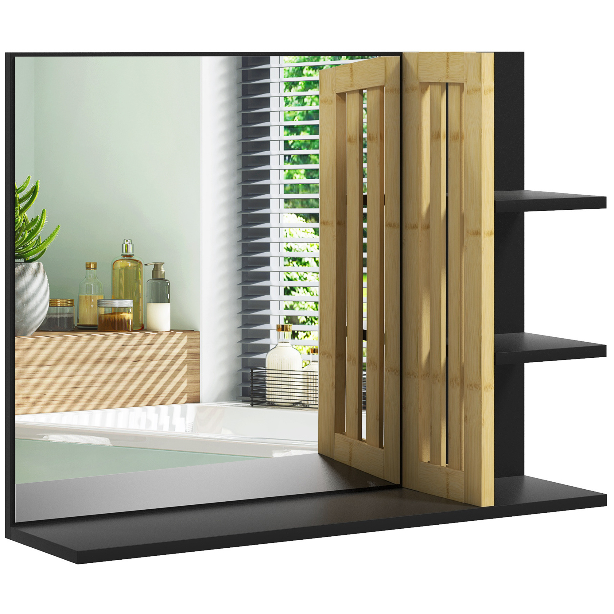 Homcom Bathroom Wall Mirror With Storage Shelves - 3 Side Shelves + 1 - Bamboo Wood