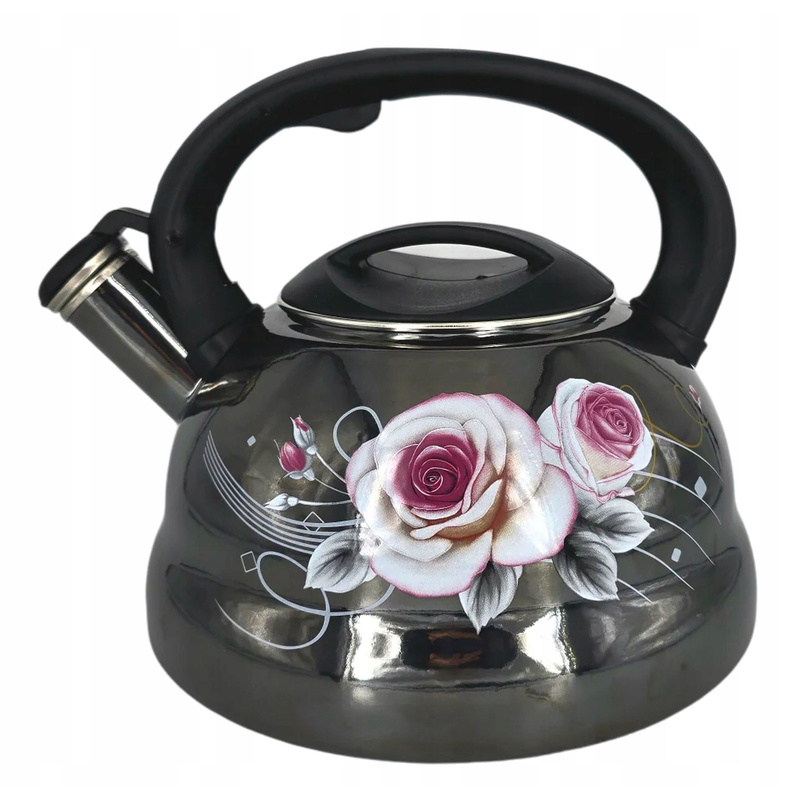 Large Enameled Kettle 3.3l With Whistle, Gas Induction, Floral Pattern, Masterpan