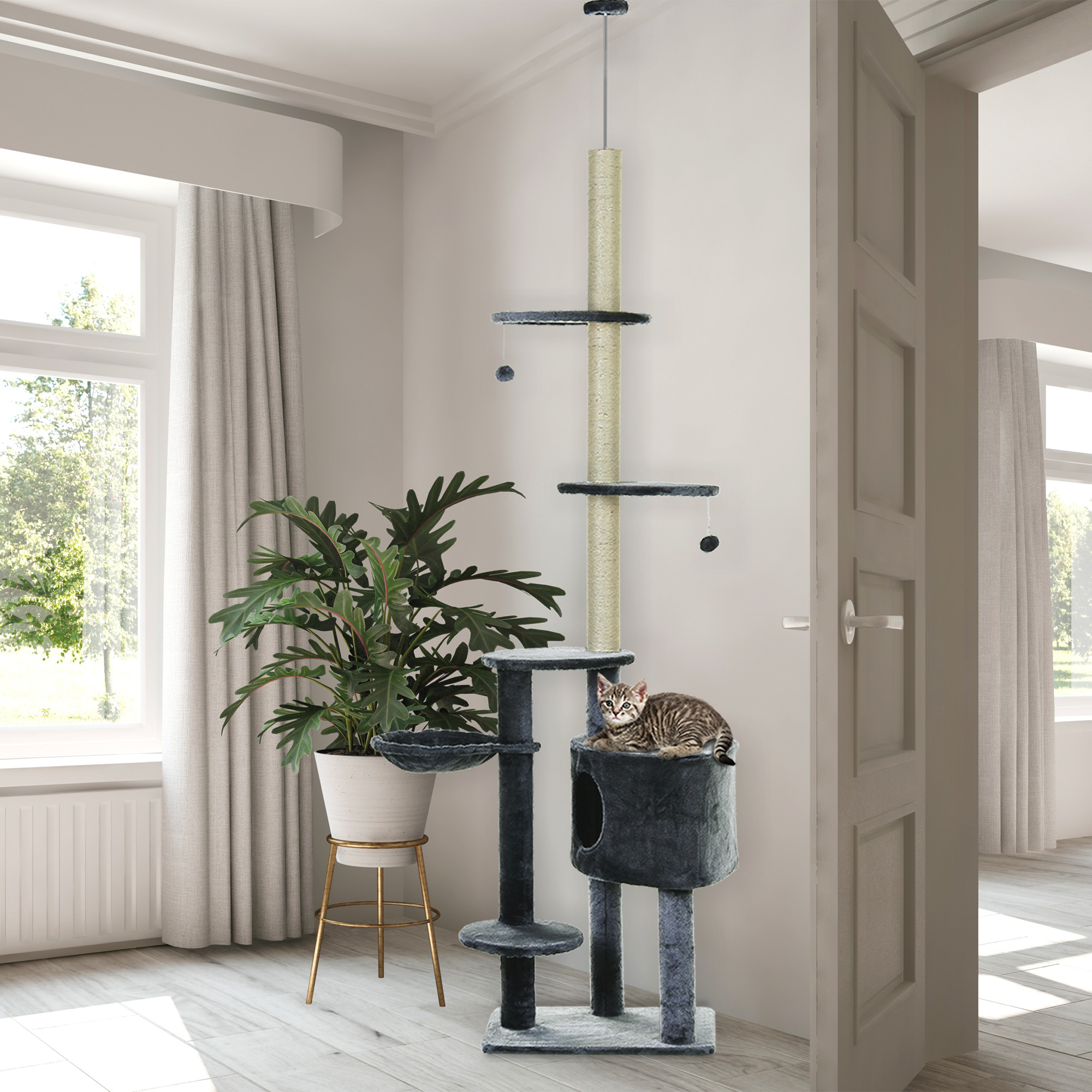 Scratching Tree Ceiling-high Height 220-265 Cm Cat Tree With Play Balls, Cat Cave, Hammock, Sisal Poles, Multi-level Platforms Cat Scratching Tree Climbing Tree For Medium-sized Cats, Dark Grey