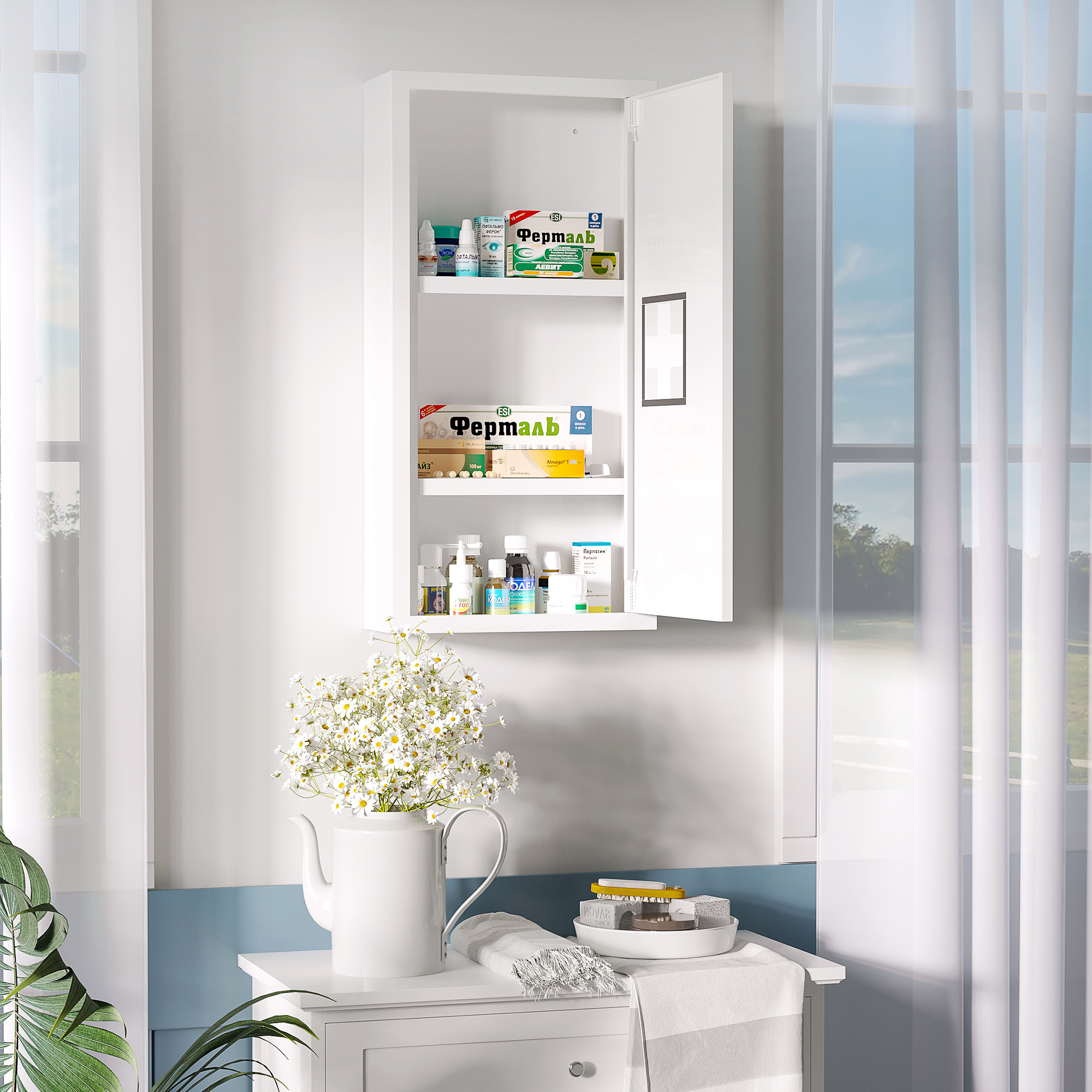 Image of Medical Cabinet, Cabinet, Pharmacist Cabinet With 3 Internal Compartments, Medicine Cabinet With Magnetic Closure, Medicine Cabinet With Handle, Steel, White, 30 X 12 X 60 Cm
