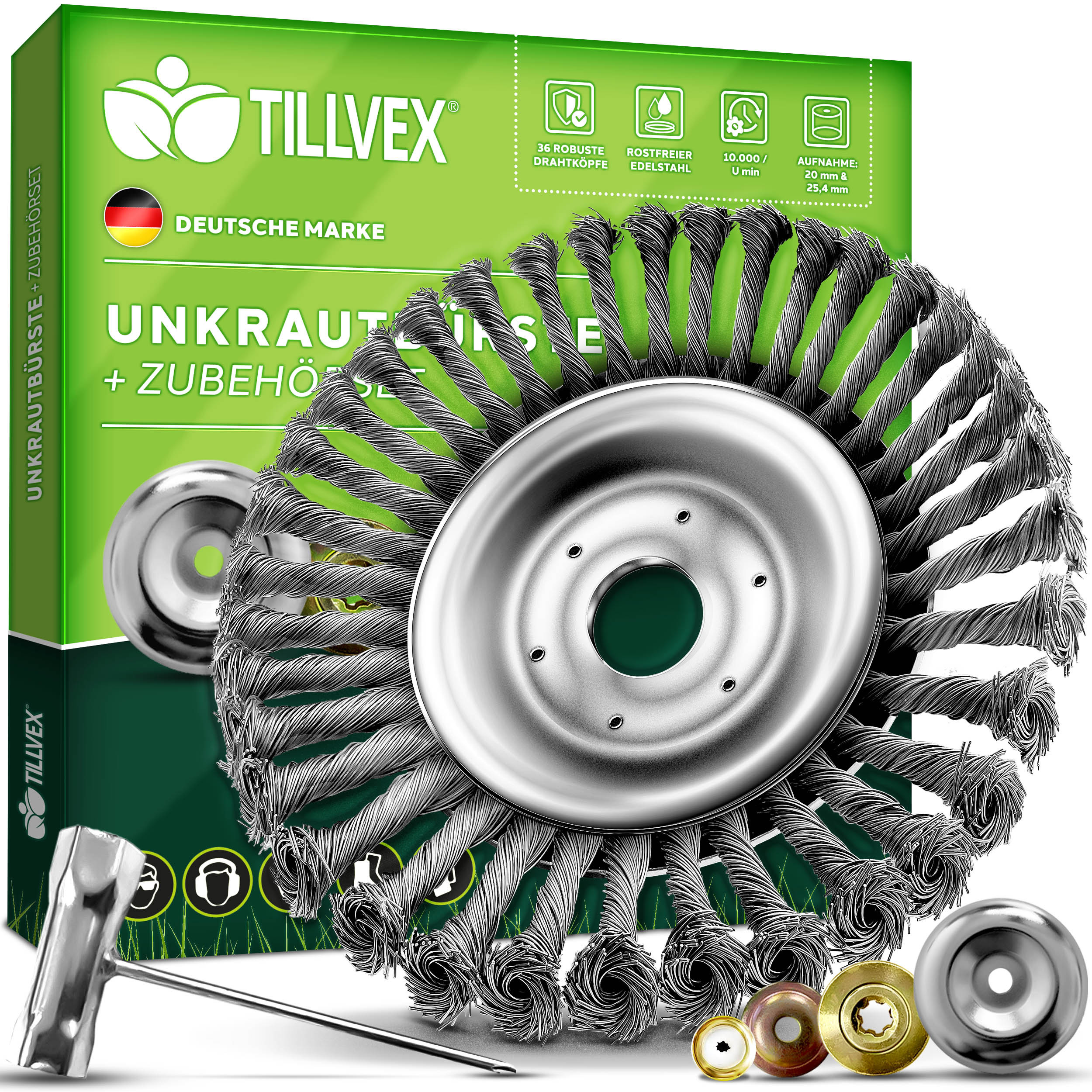 Image of Tillvex Professional Weed Brush For Trimmer | Wild Weed Brush With & 20mm Bore | Wire Brush Including Mounting Accessories