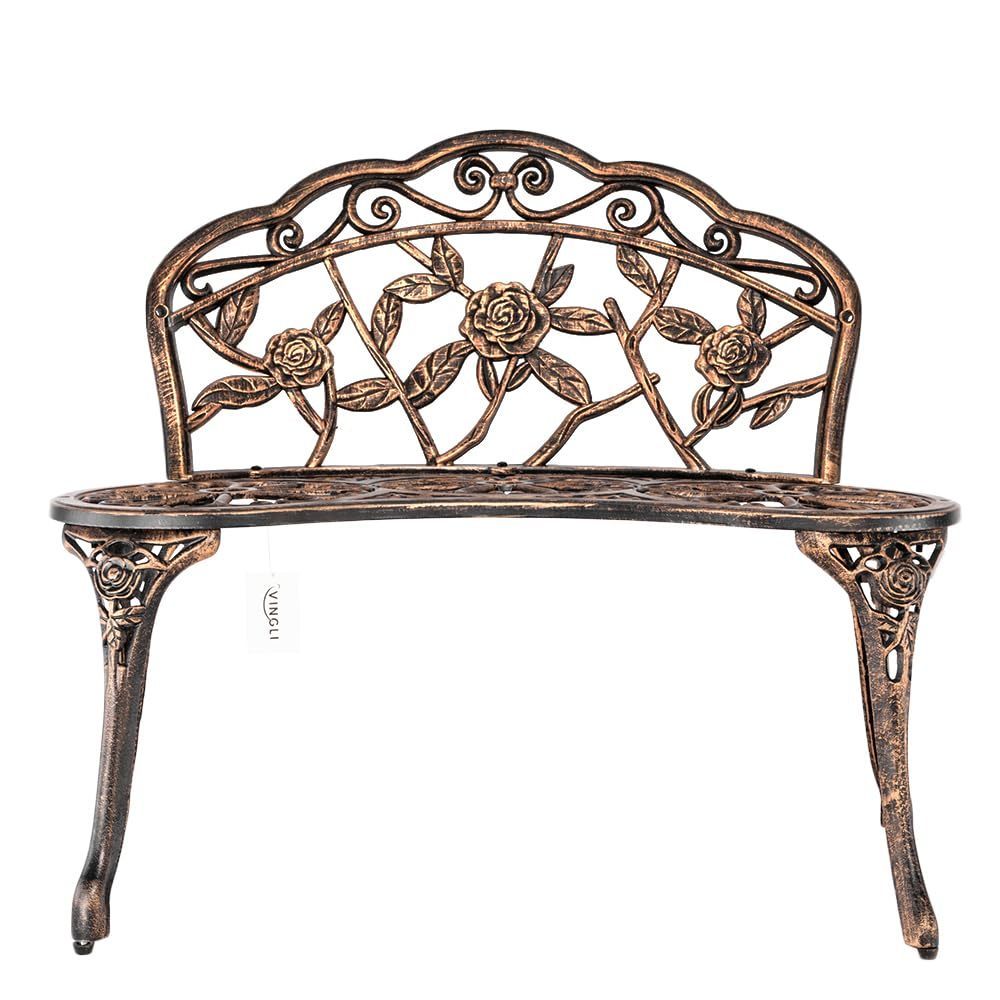 Image of Bonnlo Aluminum & Metal Garden Bench, Rose Model, 2-seater Bench With Backrest, Antique Look, Bronze Color, Suitable For Terrace, Balcony, Garden, And Courtyard