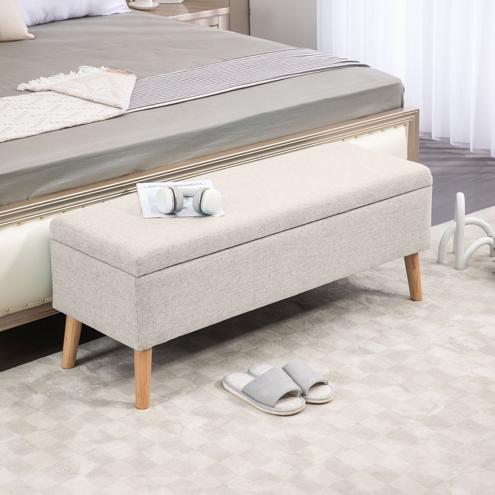 Upholstered Storage Bench With Linen Look For Hallway, Bedroom, Living Room, Rubberwood, Beige, 110 X 39 X