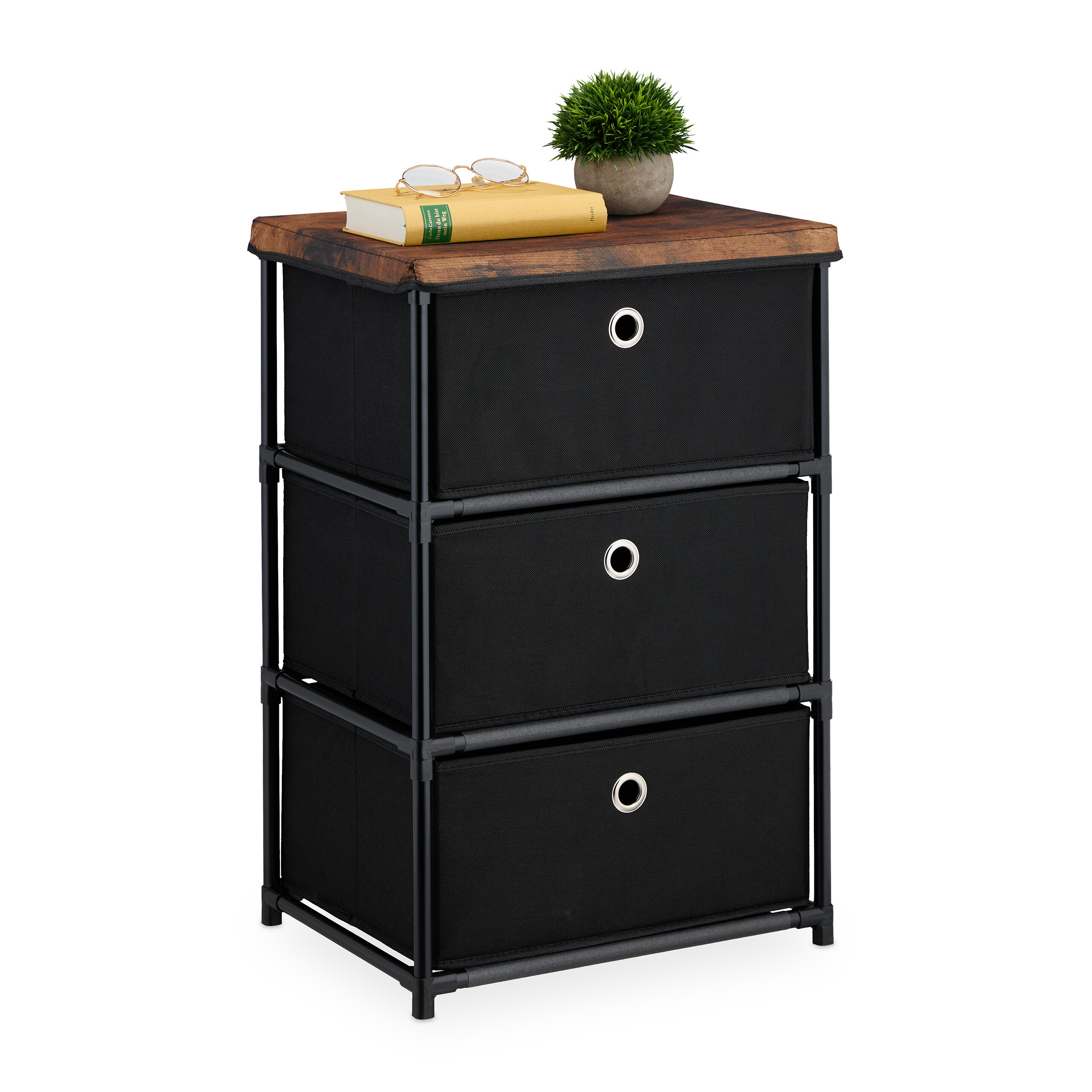 TEMU Kommode Stoffschubladen, 3 Fächer, 65 x 43 x 33 cm, schwarzer Metallrahmen, Ablage in Holzoptik, Stoff, PP und MDF, für Wohnzimmer, Schlafzimmer