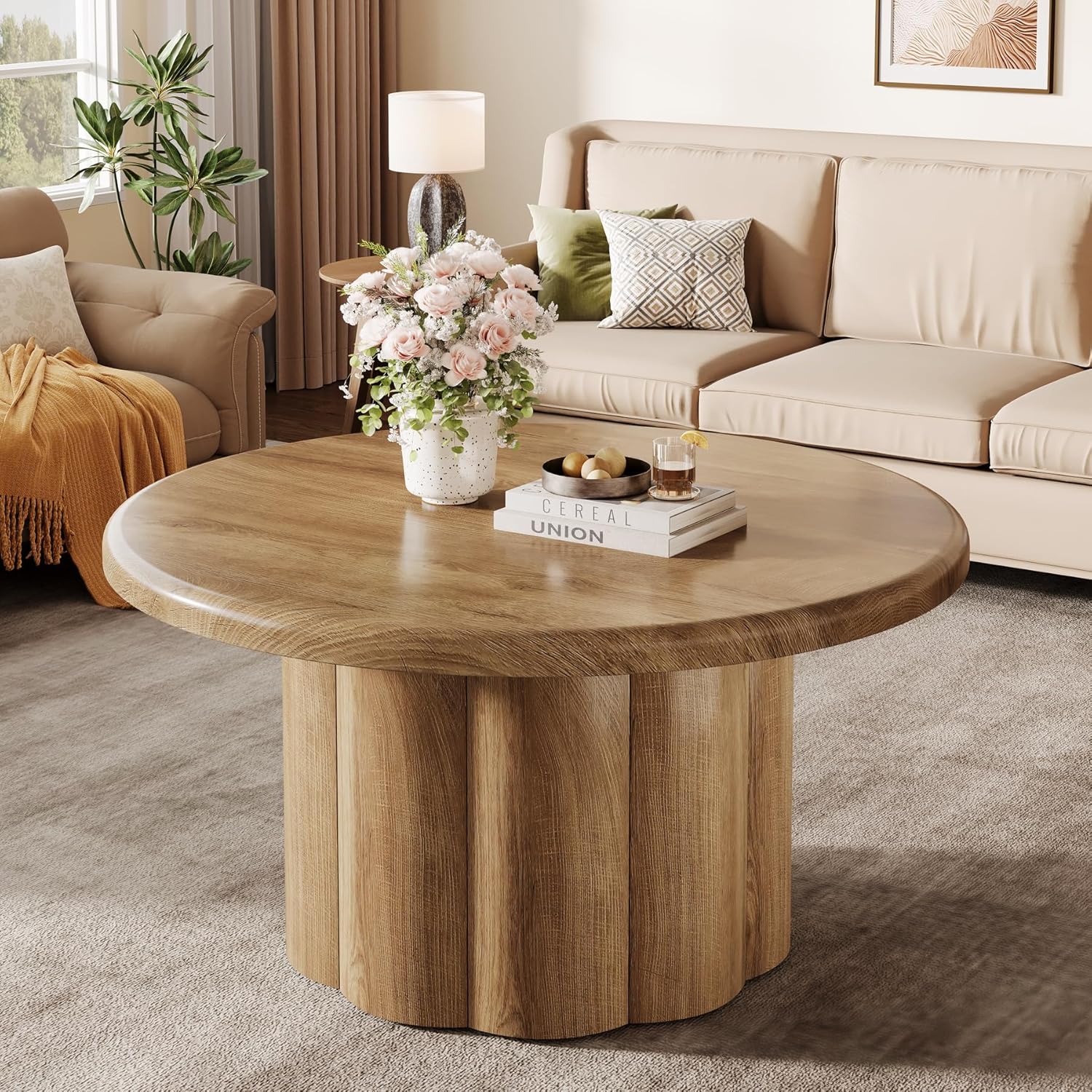 Image of Farmhouse Round Coffee Table, 80 Cm Living Room Table, Sofa Table, Modern Wooden Accent Centre Table, Sofa Side Table For Small Space, Home Office, Apartment, Brown