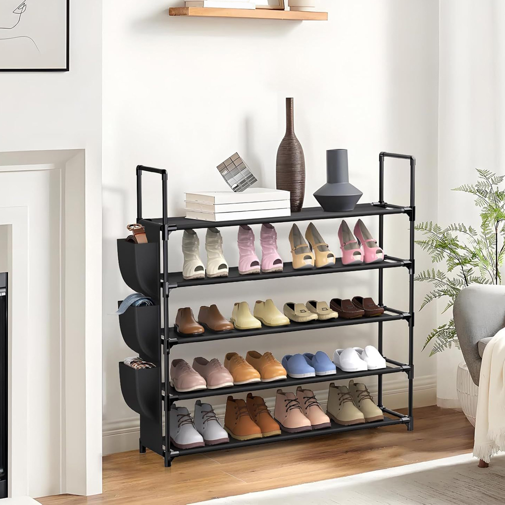 TEMU 5 Tier Metal Shoe Rack, Large Capacity Shoe Racks Storage For 15 Pairs Of Shoes, Shoe Shelf With Side Pockets, Multi Functional Shoe Stand Small