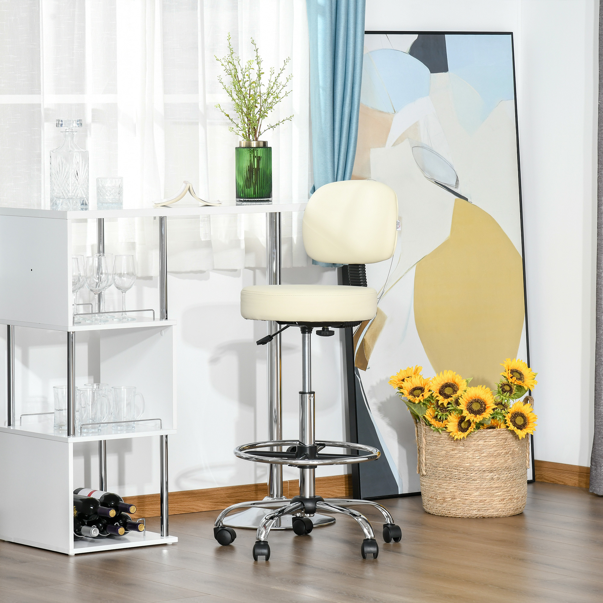 Image of Bar Stool Swivel Chair Height Adjustable Bar Chair With Wheels Made Of Artificial Leather Work Stool Office Stool With Backrest Upholstered Beige 56 X 57 X 104-127 Cm