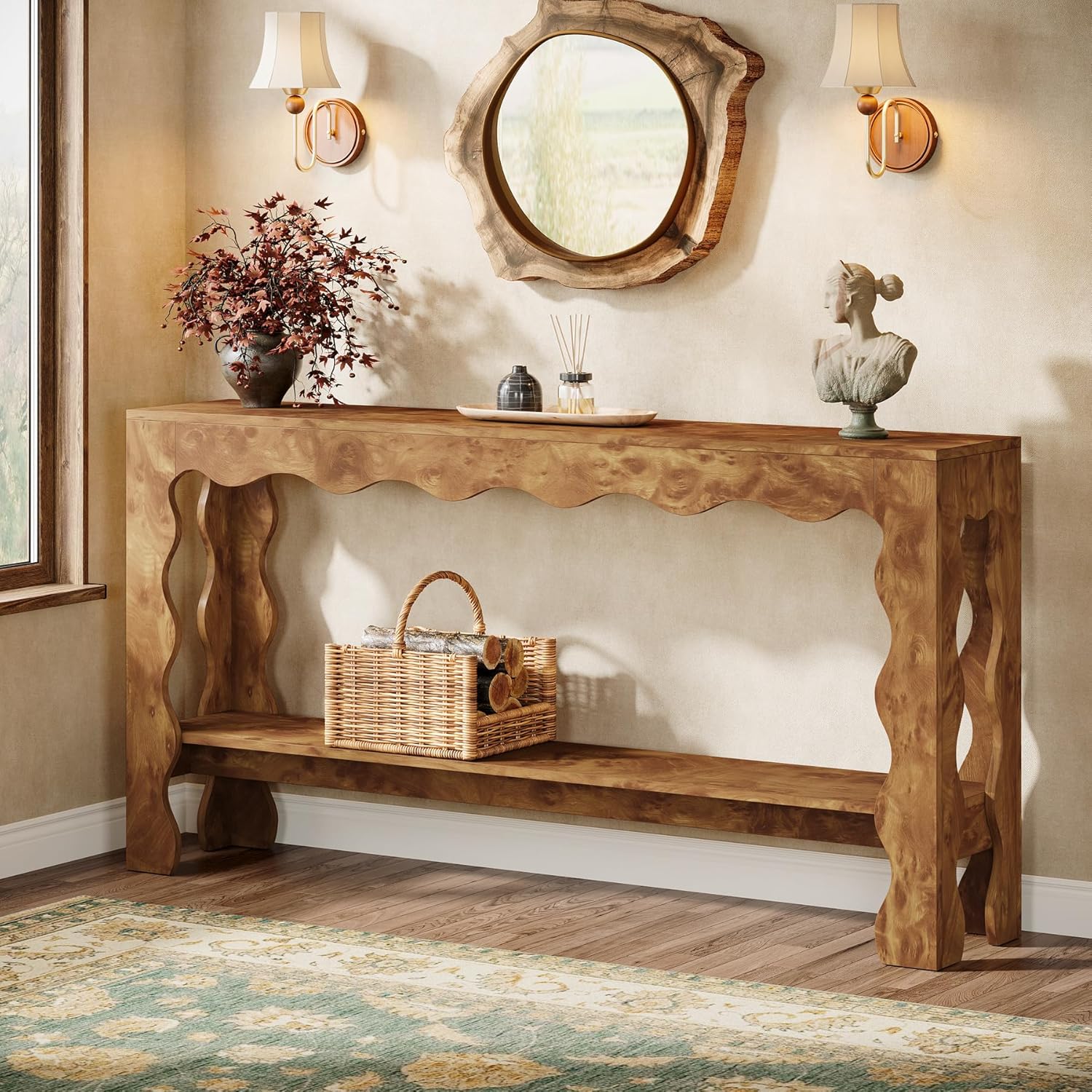 Modern 160 Cm Console Table, Rustic Entryway Table With Scalloped Edge & Storage Shelf, Vintage Accent Narrow Long Sofa Table Behind Tables For Entryway, Living Room, Light Brown