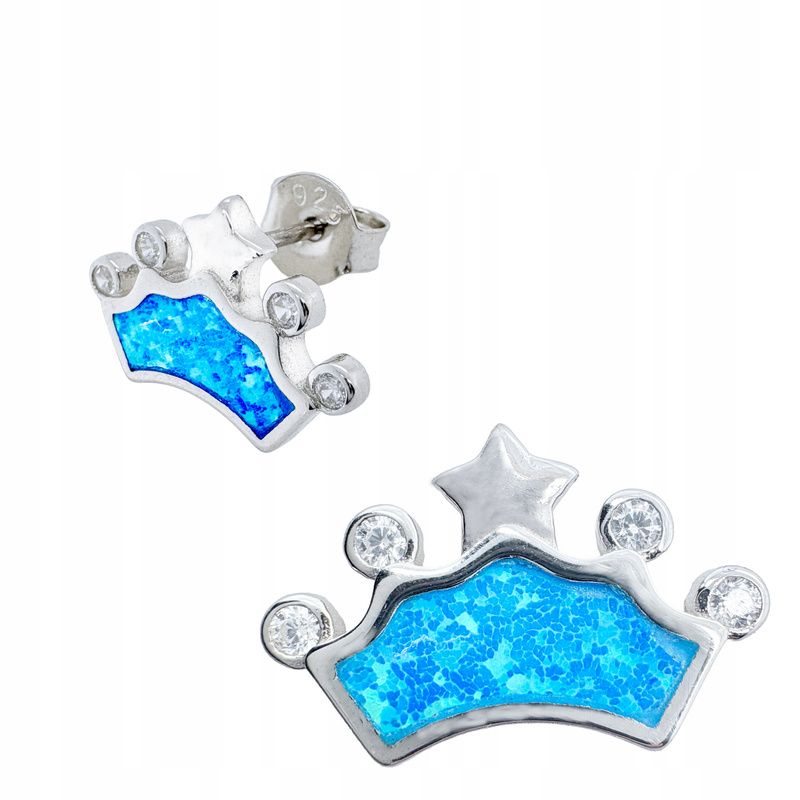 Image of Silver Earrings With Blue Opal, Small Crown Studs, 925 Sterling Silver