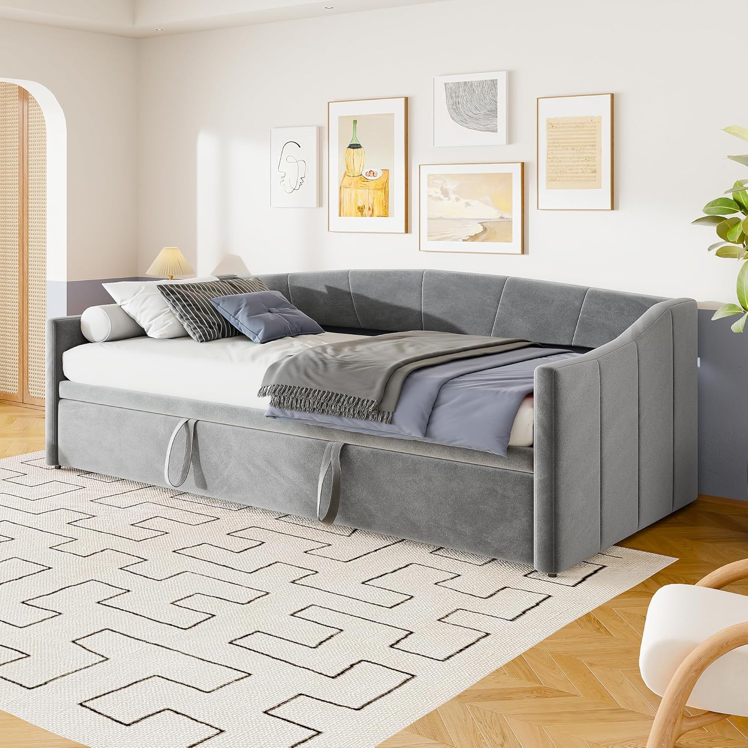 Image of Ycz Full-size Daybed, 90 X 200 Cm, King Size Velvet Upholstered Bed Frame For Bedroom, Living Room, Spring Needed, Wooden Slatted Support, Easy Assembly (excluding Mattress). Fs45a6g