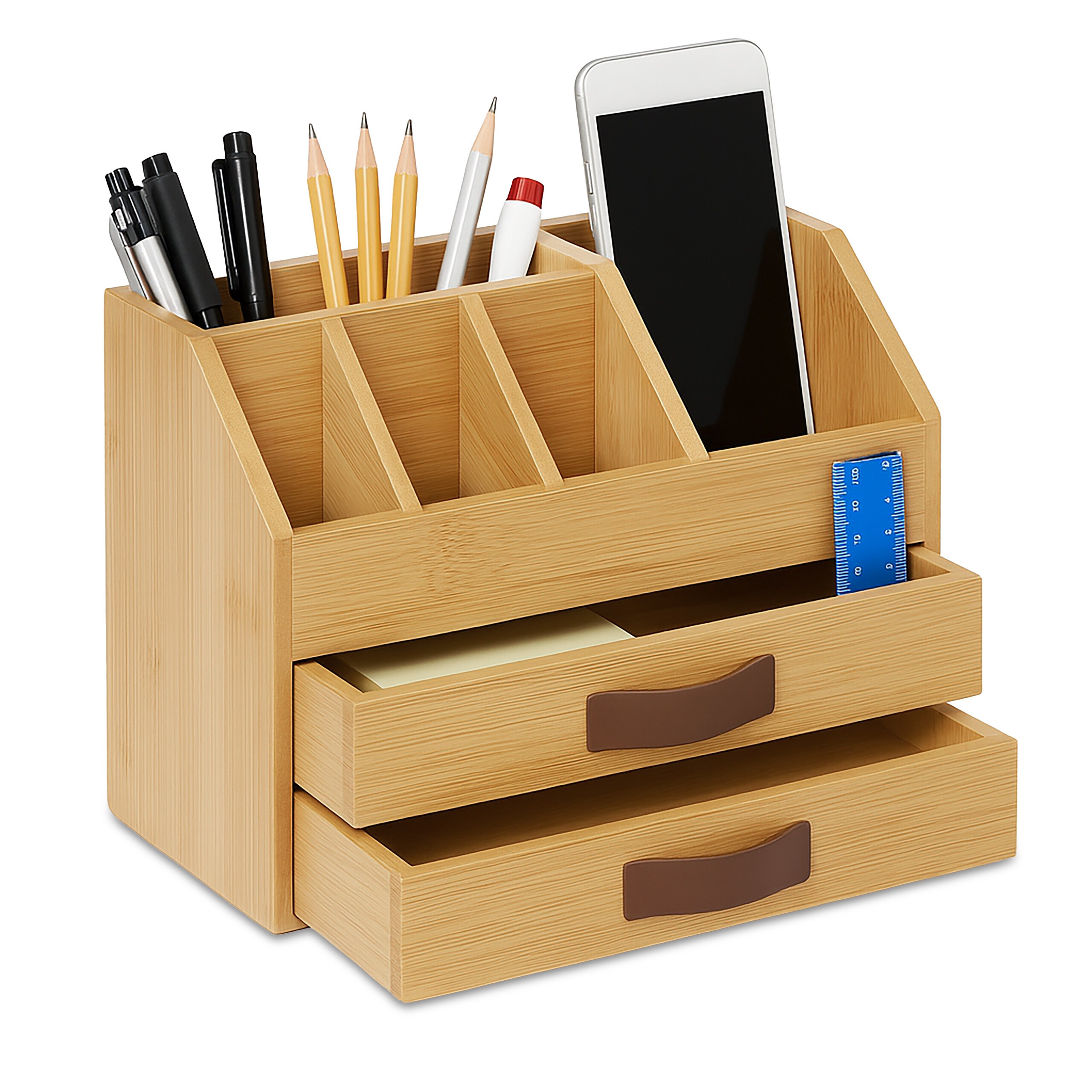 Image of Desk Organizer With 2 Drawers And 5 Compartments, 19 X 24 X , Bamboo And, , For Office, Study, Children's Room, Kitchen And Bathroom, Desk Box, Storage Box, Mini Dresser, Relaxdays.