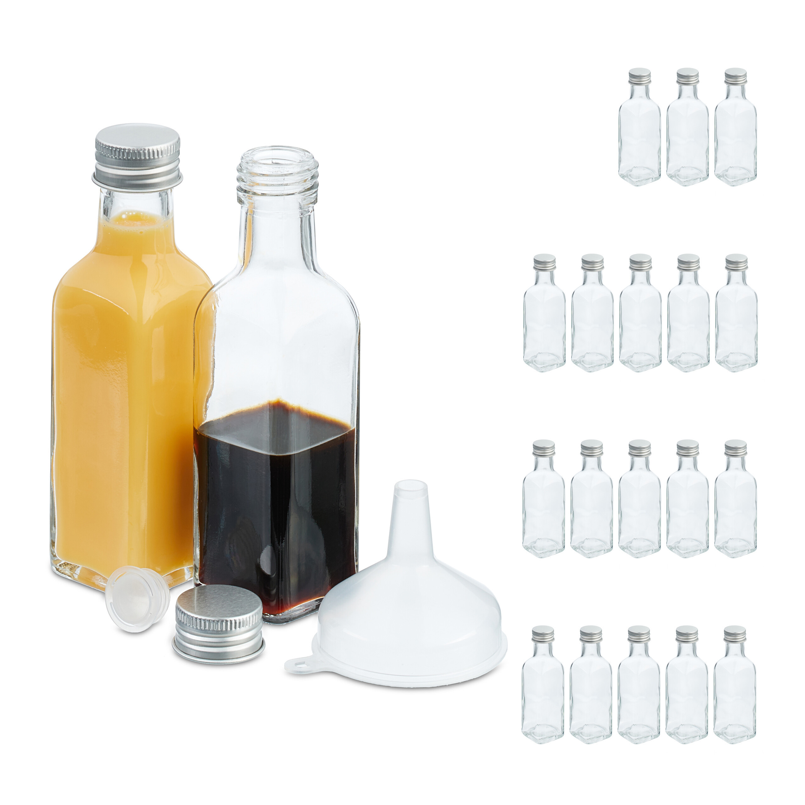 TEMU Liquor Mini Bottles Set Of 20, 100 Ml Each, 14 X 4 X 4 Cm, Glass, Iron, And Plastic, Transparent And Silver, With Screw Caps, Cork Stoppers, And