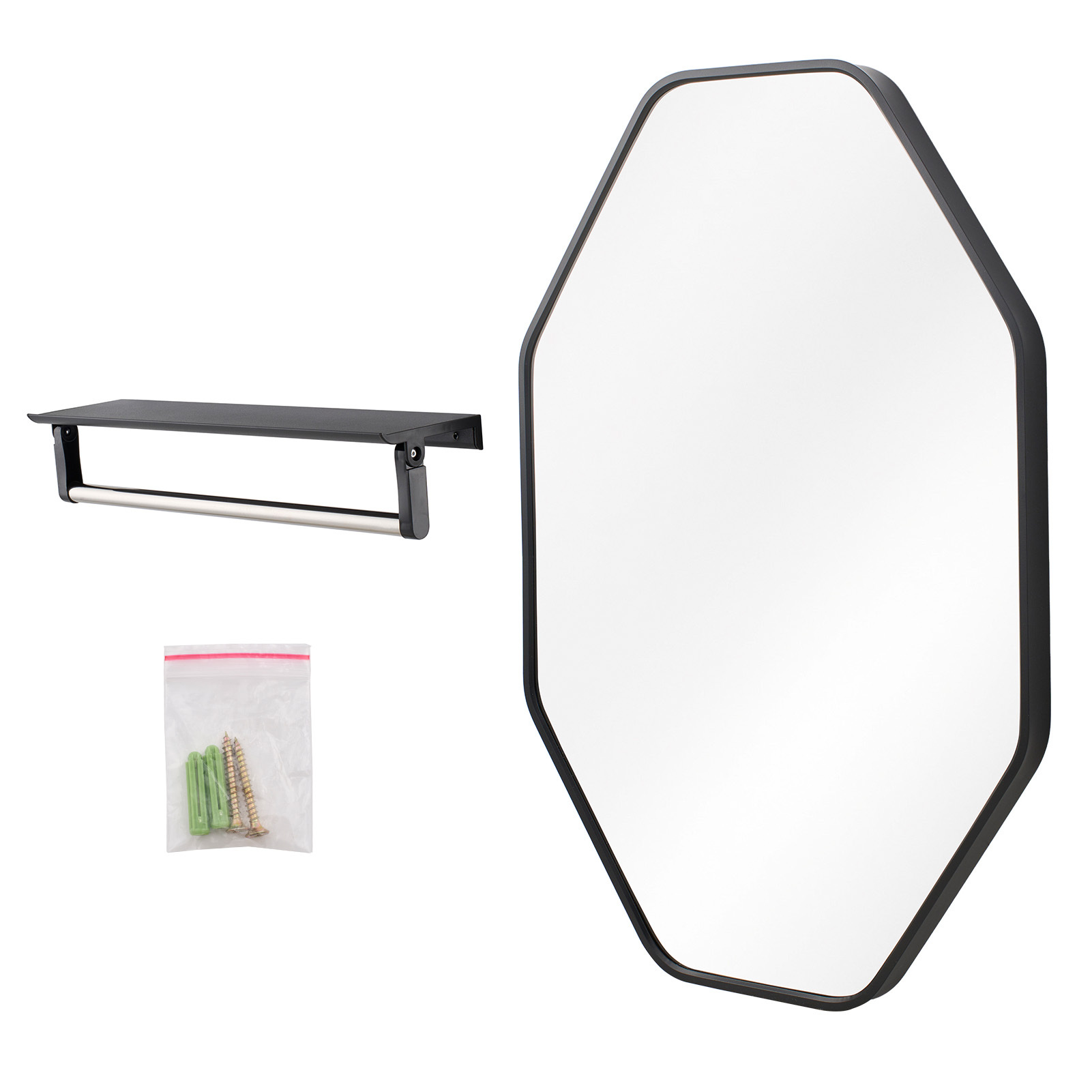 Rustic Farmhouse Metal Octagon Wall Mirror with Shelf, 40x60cm