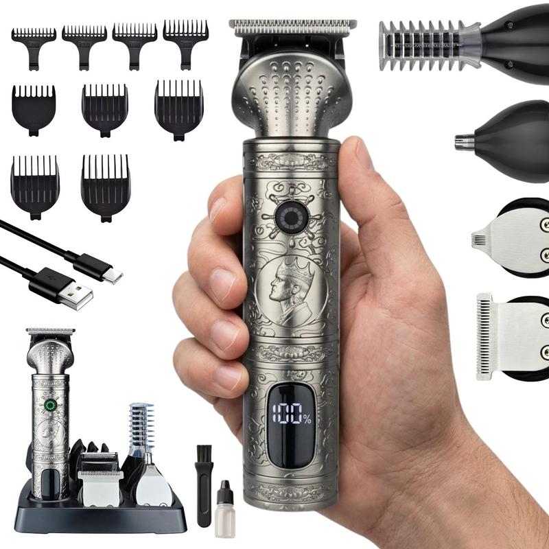 Image of Men's Six-in-one Grooming Kit: Beard And Body Trimmer, Foil Shaver, Ten Attachments, Led Display, Metal Casing, Usb Organizer, Adler