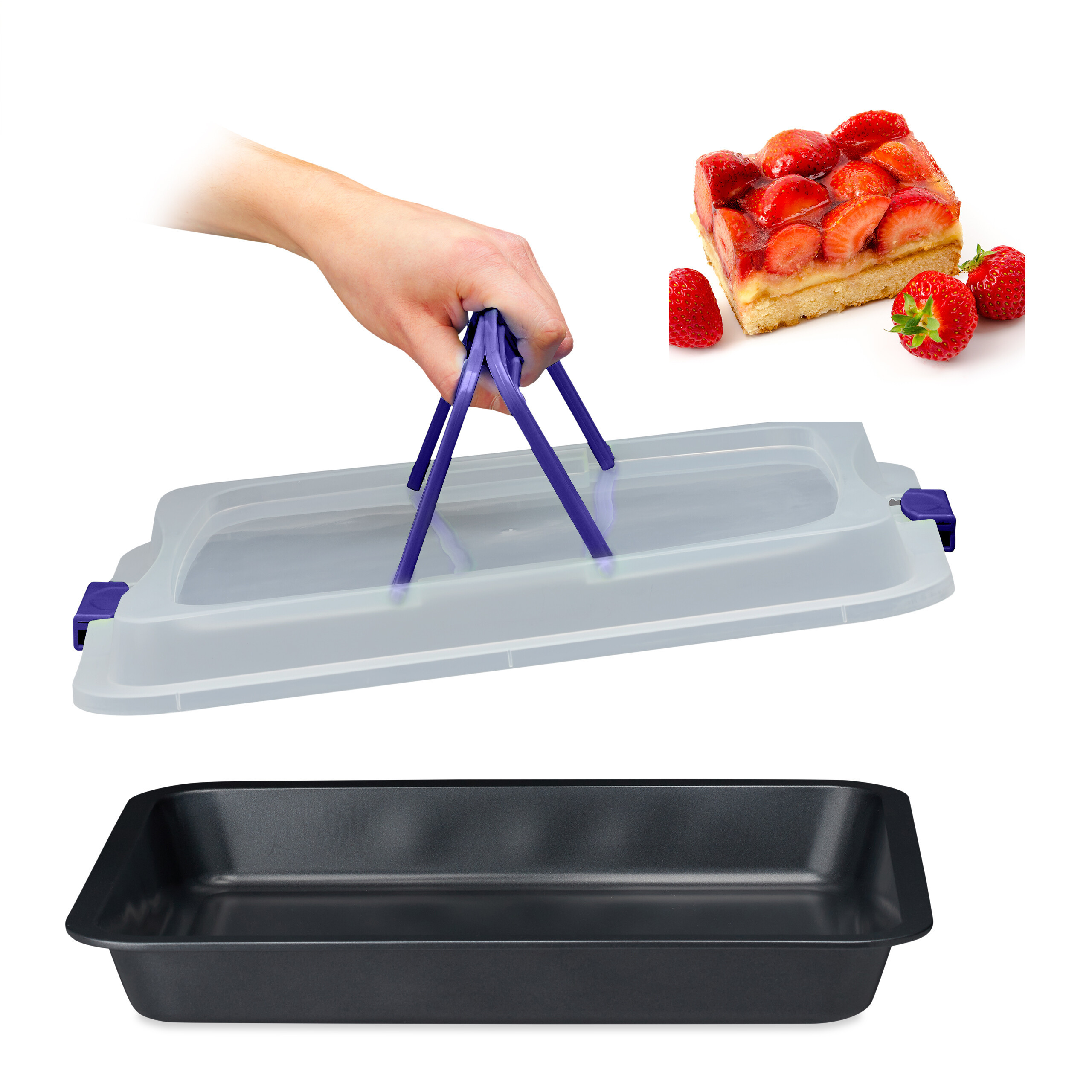 TEMU Baking Sheet With Lid, 3-in-1, 40.5 X 32.5 X 8 Cm, Carbon Steel, Plastic Cover, Blue, Locking Clips And Carrying Handles, For Cakes, Casseroles,