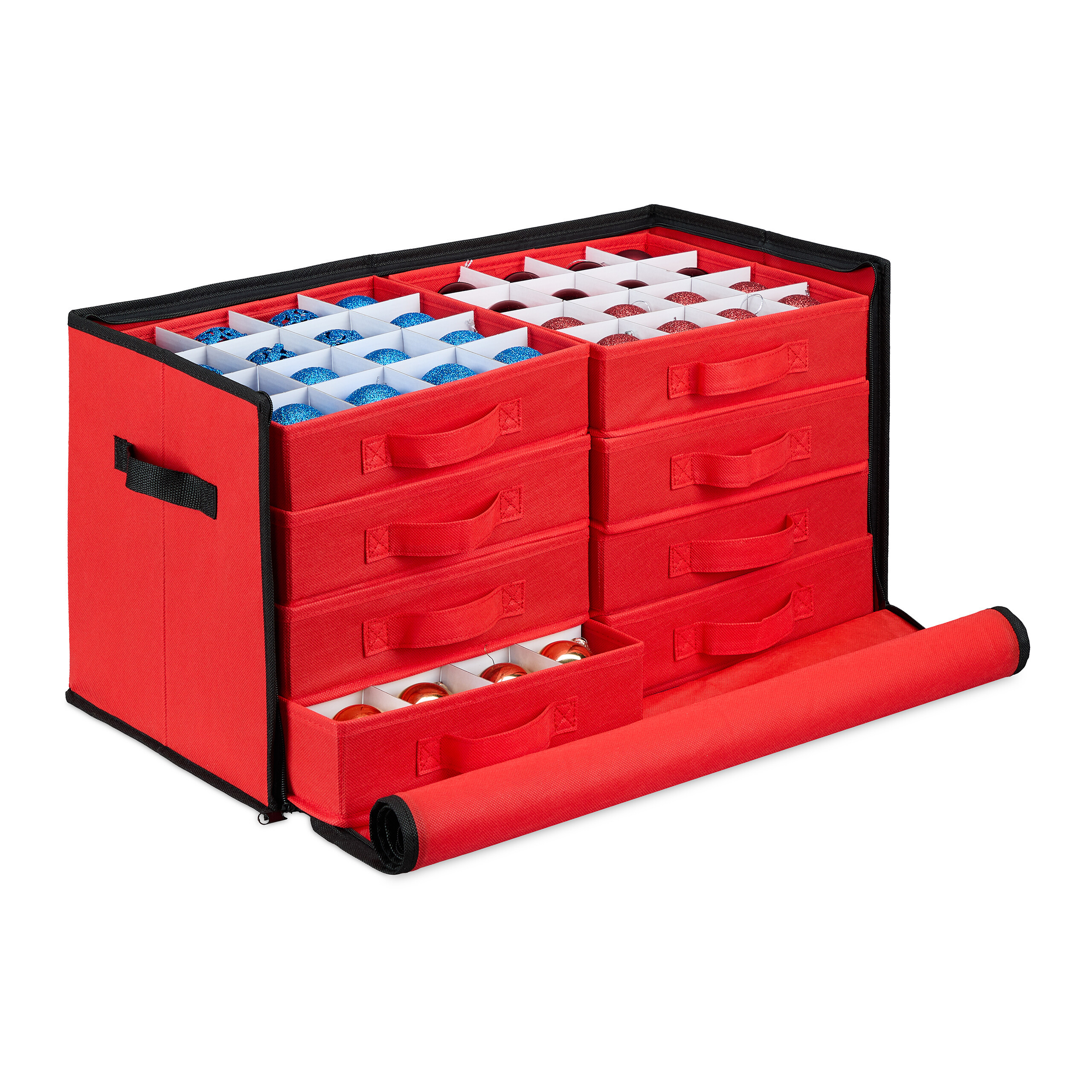 TEMU Christmas Decoration Box With Drawers, 128 Compartments, 30.5 X 62 X 30.5 Cm, Fabric, Paper And Plastic, Red And Black, Adjustable Dividers,