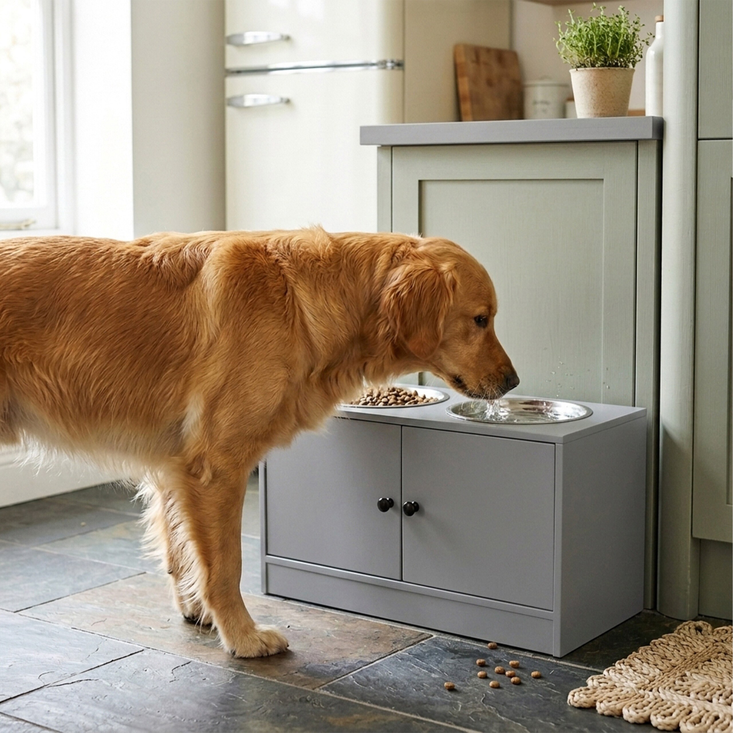 Grey Dog Food Station, Stylish Feeding Solution for Pets