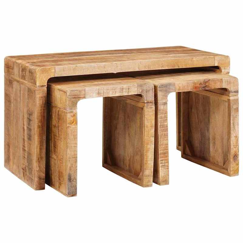 Minimalist Side Table,   Small Spaces, Homes, Offices, Living Rooms, and Bedrooms – Easy to Assemble, 3-Piece Set in Solid Mango Wood, Brown  