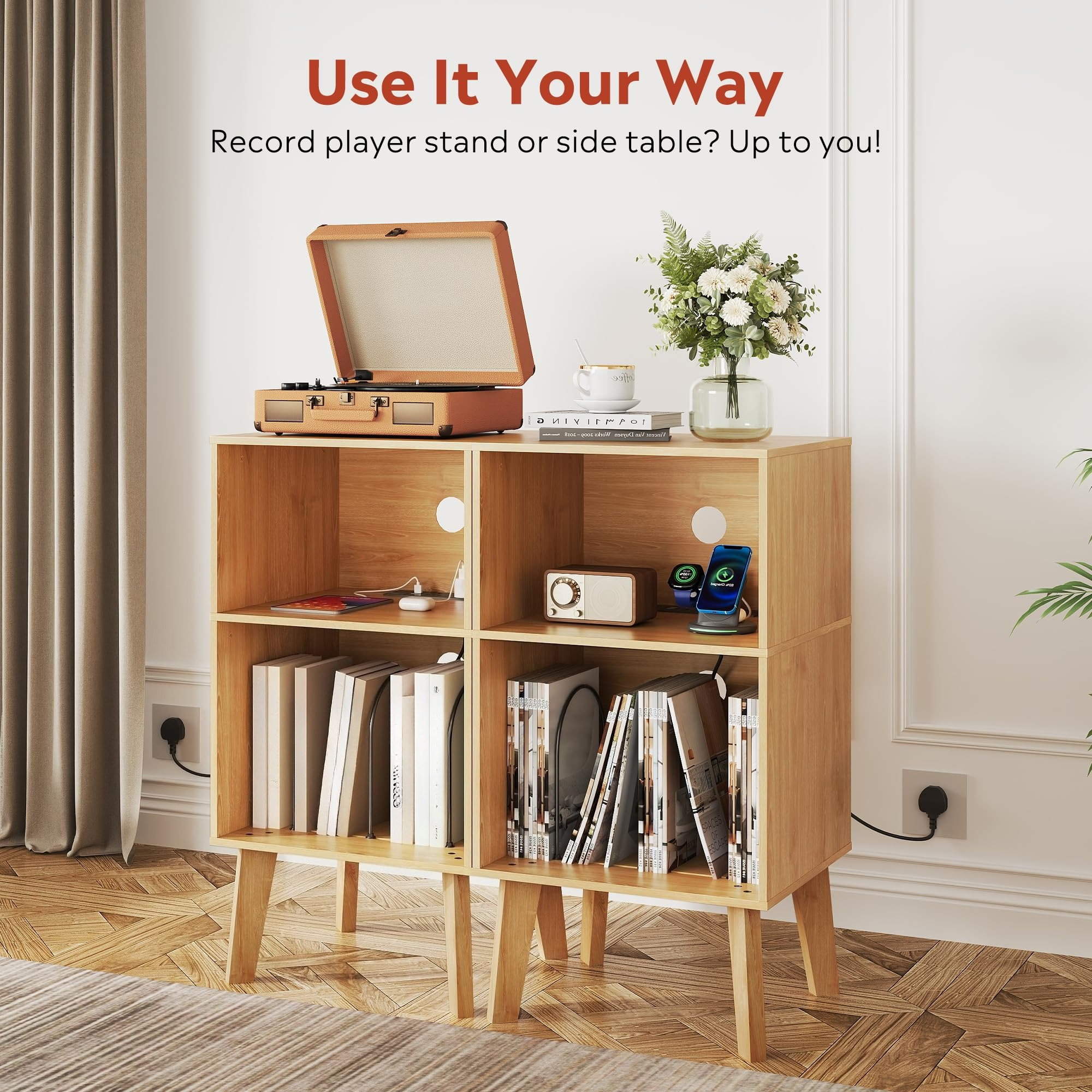 Side Table with Charging Station and 3-Tier Record Player Stand