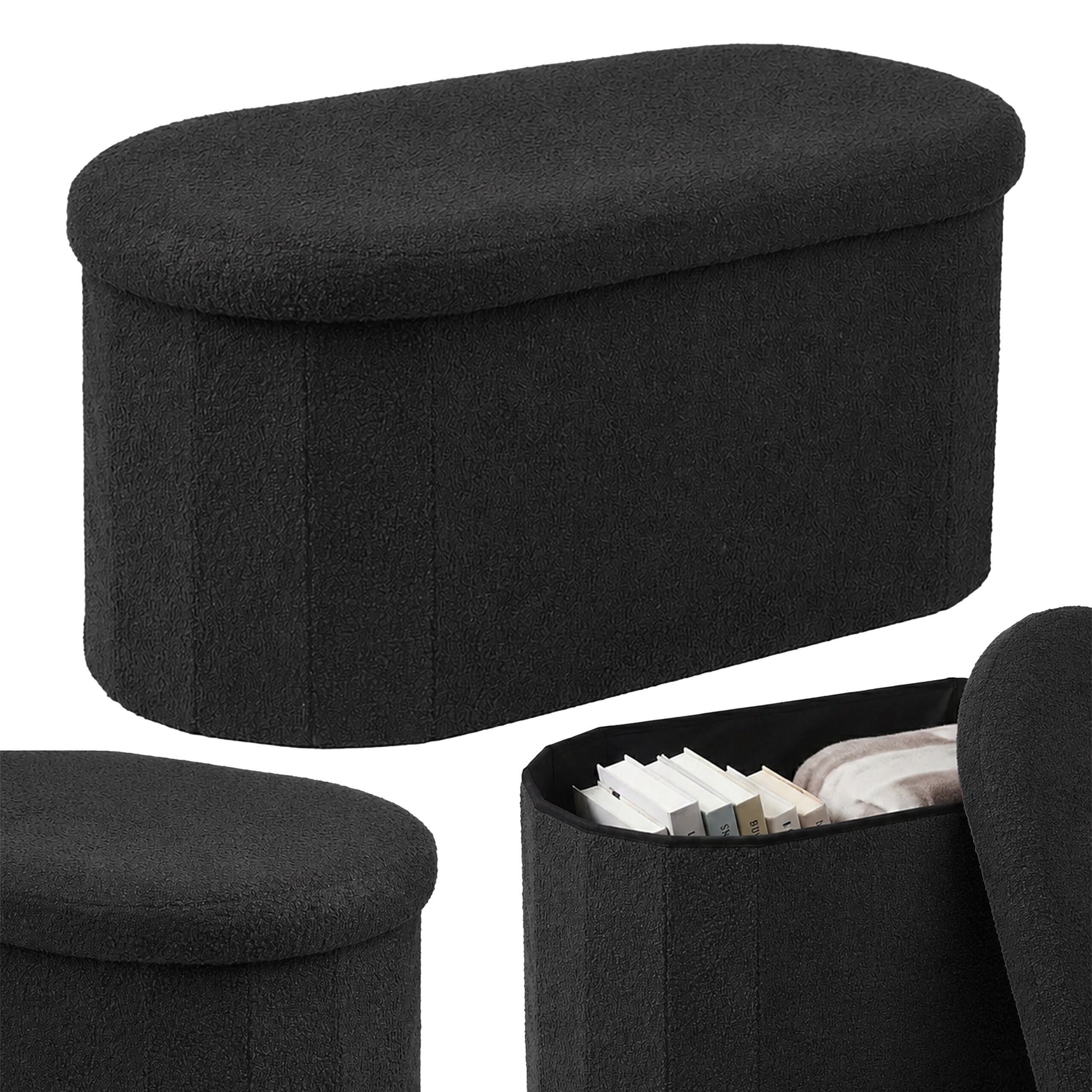Image of Oval Upholstered Storage Bench, 38 X 76 X 38 Cm, Teddy Polyester Fabric, Mdf, And Foam, Black, For Hallway, Dressing Room, Bedroom, And Living Room, Ottoman Trunk, Storage Bench, Coat Bench, Relaxdays