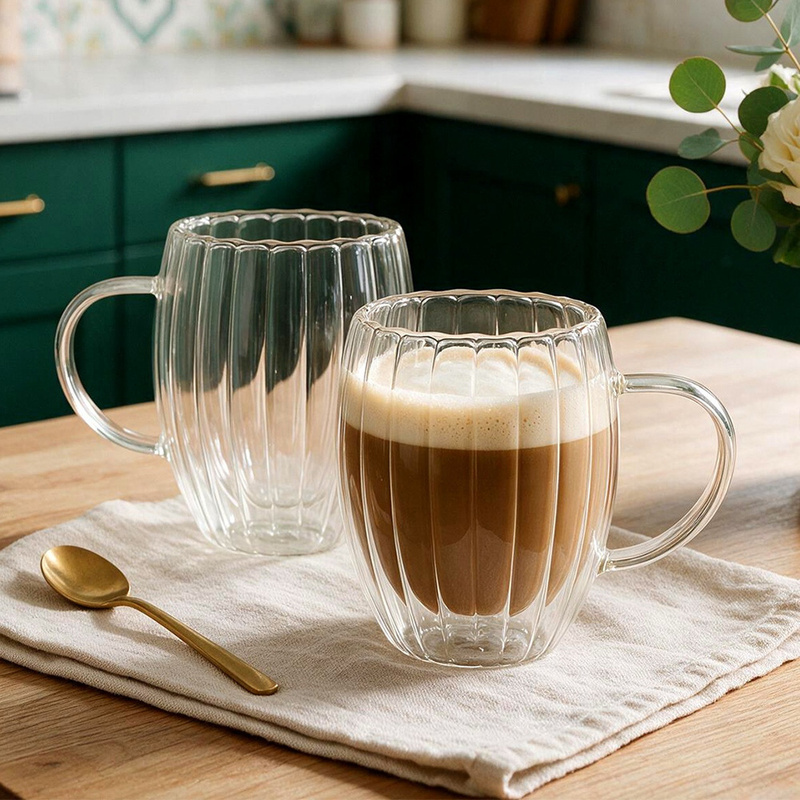 Thermal Double-walled Glass Cups For Coffee And Tea, 320 Ml, Set Of 2, Borosilicate, Transparent, With Handle, Resistant To -20°c To +120°c, Ribbed Glass