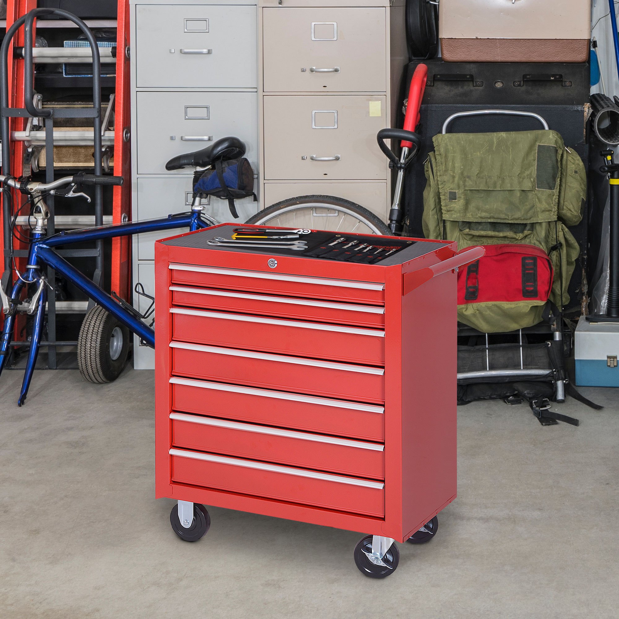 Workshop Cart With 7 Drawers, Empty Tool Cart, Lockable Assembly Cart With 4 Wheels And 2 Parking Brakes, Steel, Red