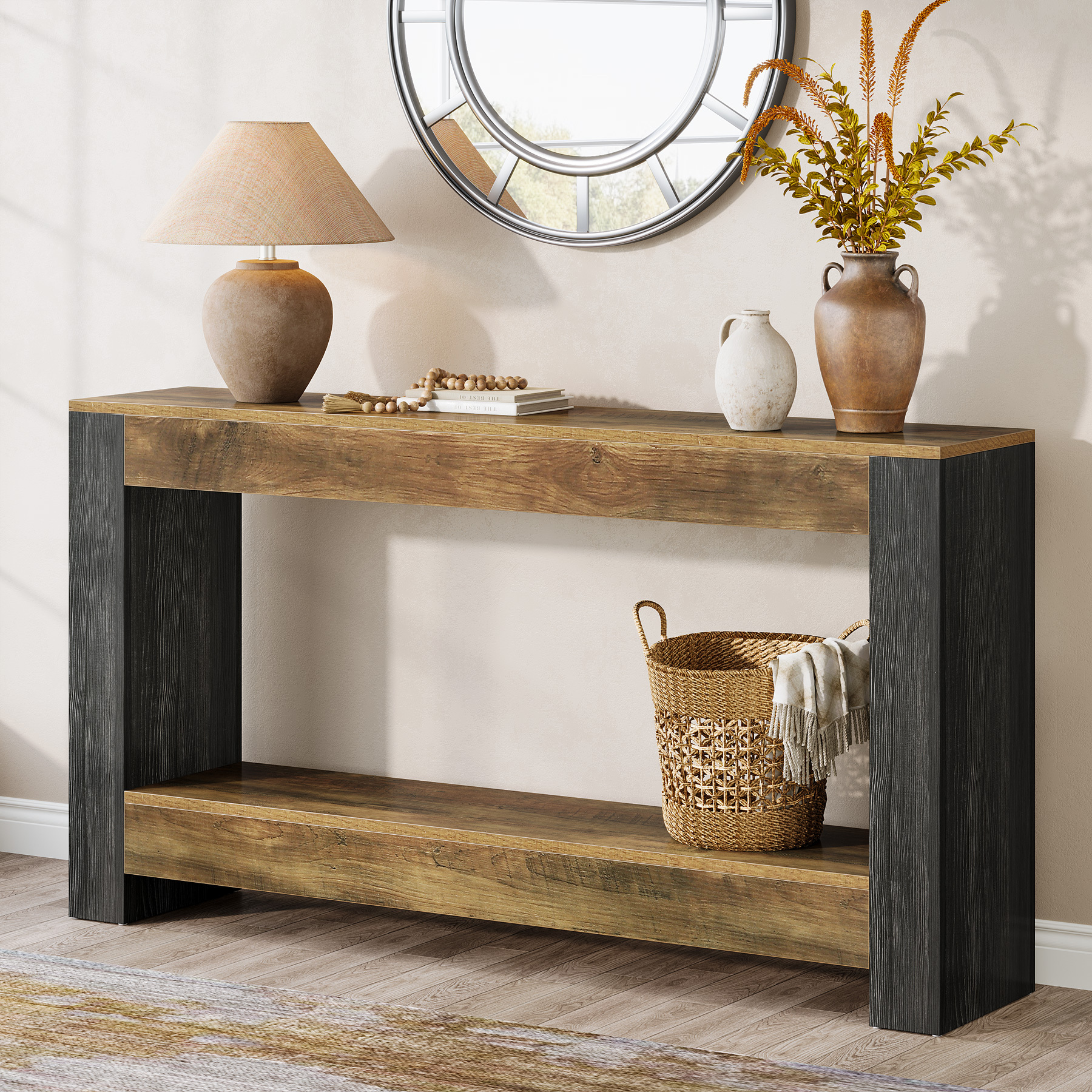 Image of 160cm Long Console Table For Entryway, Farmhouse Wood Sofa Table Behind Couch For Living Room, Hallway, Entrance, Foyer