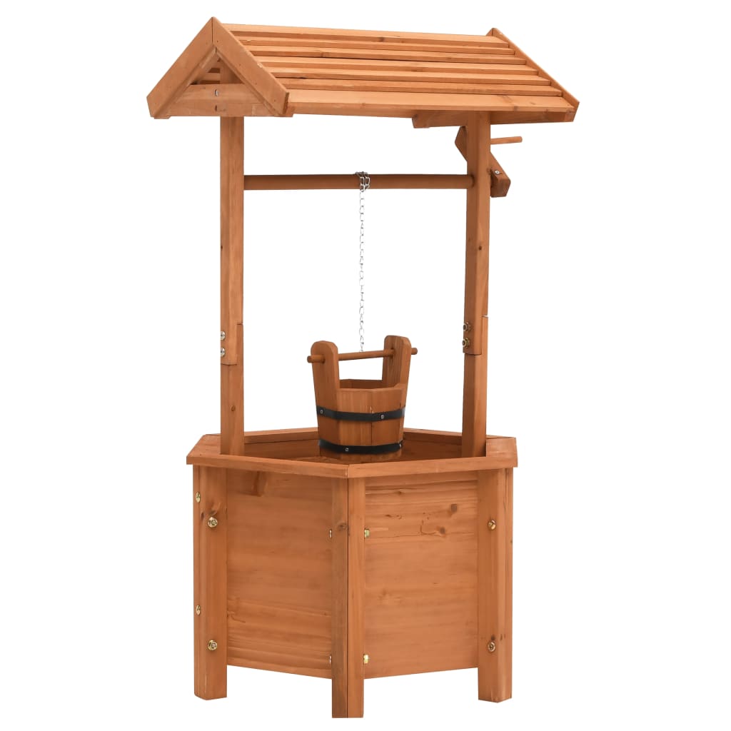 Image of Tan Wood Wishing Well Planter Tub Fountain Design Flower Tub Flower Pot Plant Box Flower Box Garden Decoration 40x40x84cm