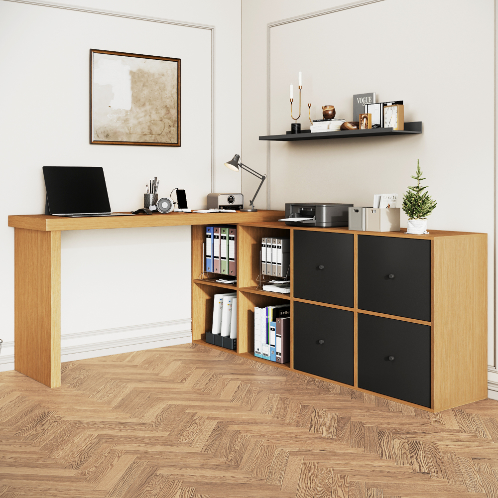 Image of Tabletop - L-shaped Or Straight Setup, Mdf, 4 Cm Reinforced Tabletop And Legs, With 4 Compartments, 4 Drawers, Flexible Setup, Desk, Computer Table