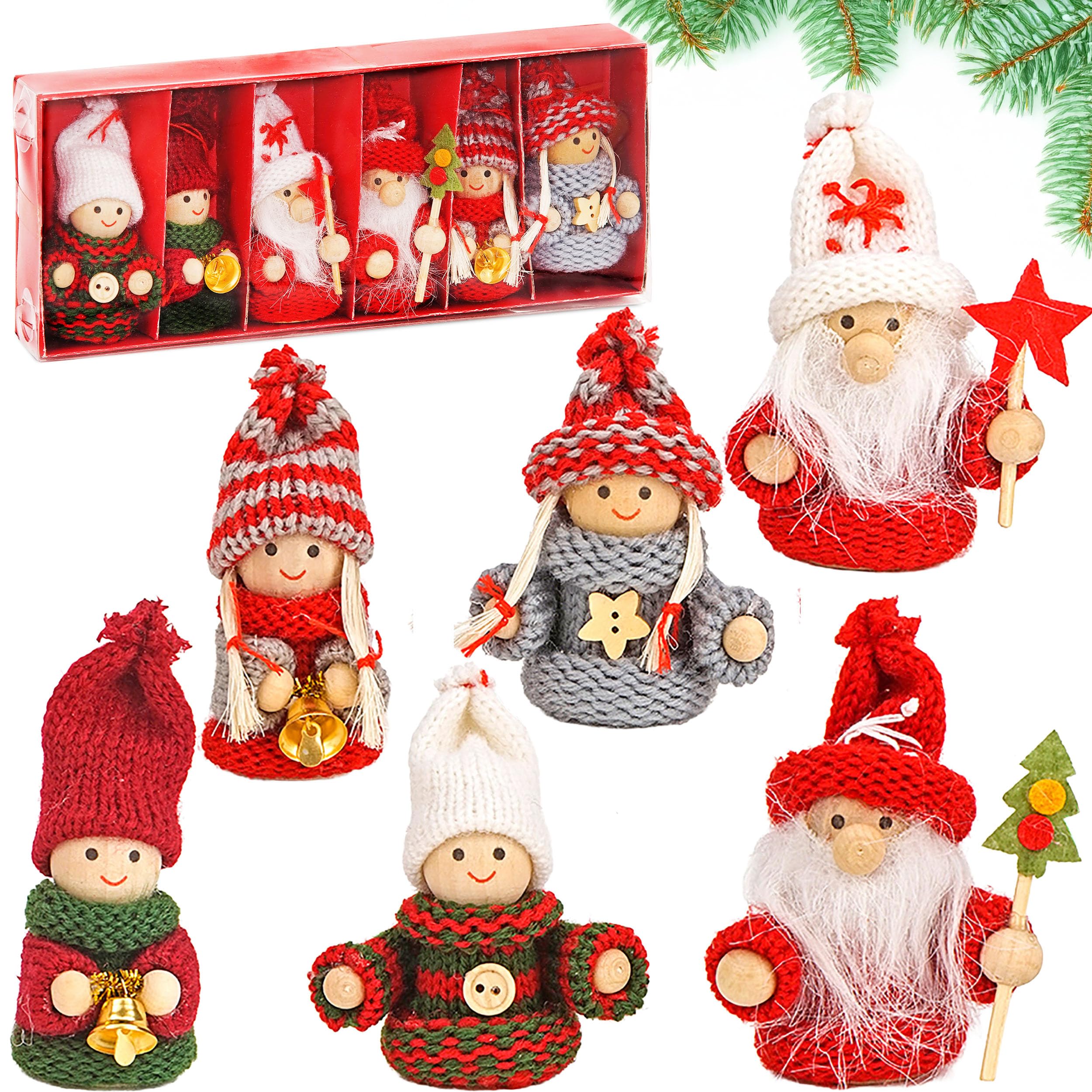 TEMU BRUBAKER 6-teiliges Set Weihnachtswichtel aus Holz und Strick - Baumanhänger Weihnachtsanhänger - 8 cm in Geschenkbox Rot
