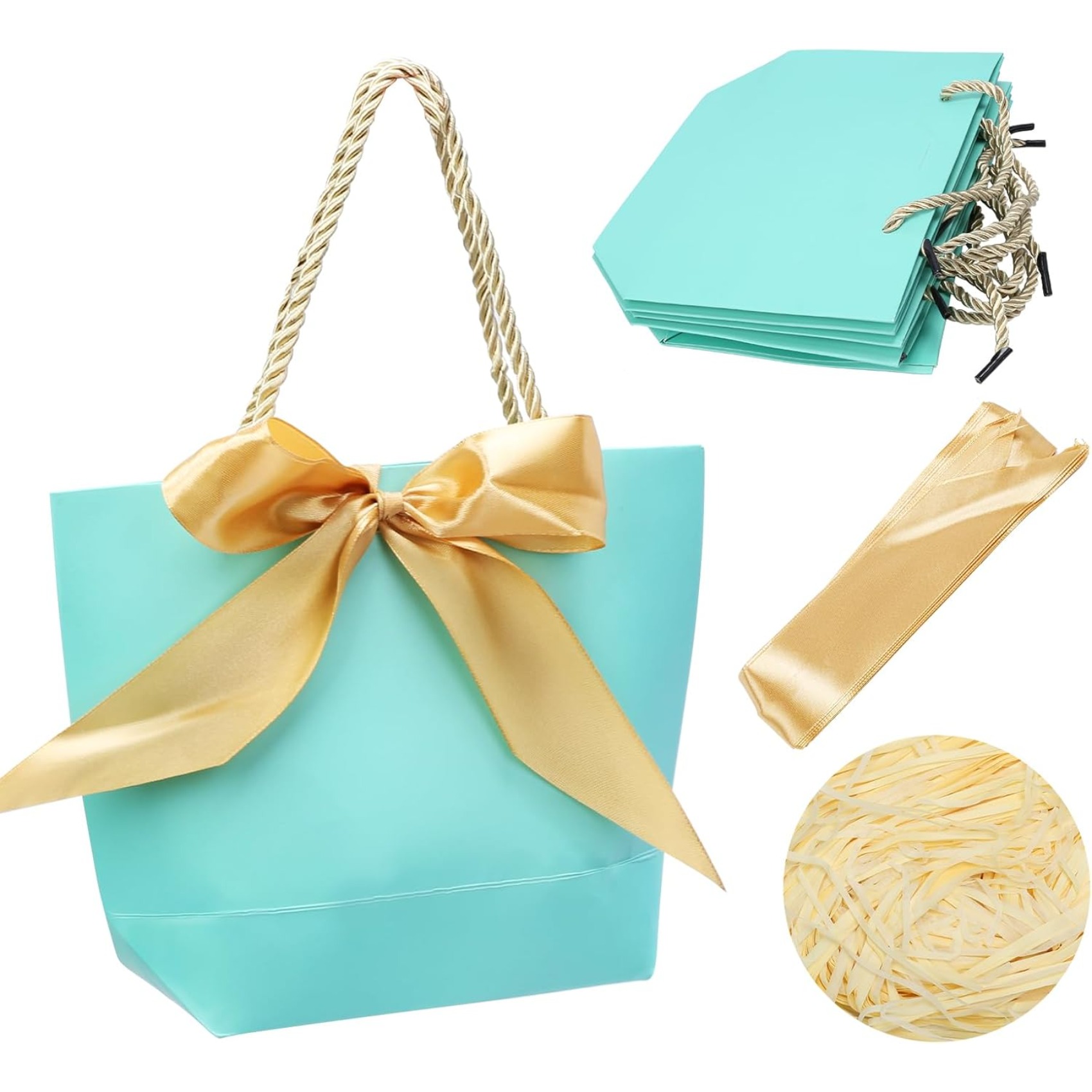 10pcs Of Turquoise Gift Bags For Baptism, Paper Bags For Baptism, Gift Bags With 10 Ribbons And 100g Raffia Gift Bags For Baptism, Birthday, Wedding, Party Celebration.