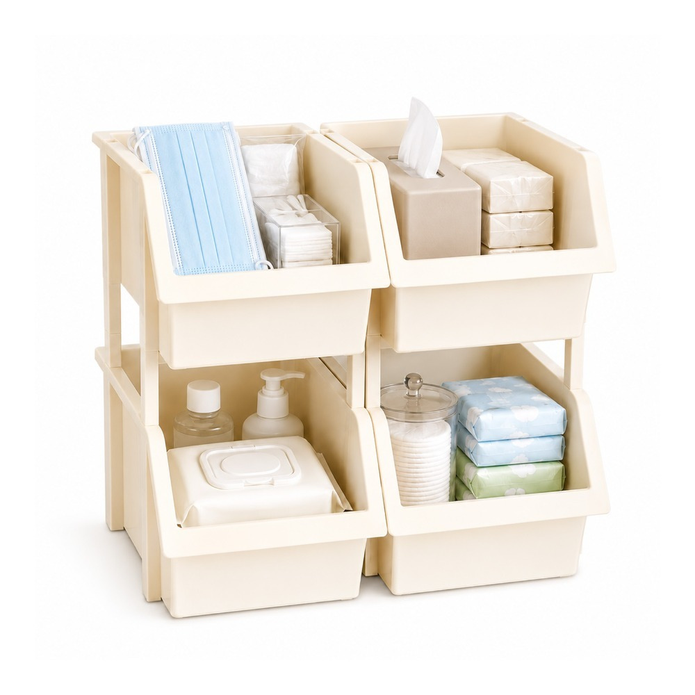 4-Pack Front Opening Stackable Plastic Storage Bins with Easy Access Design