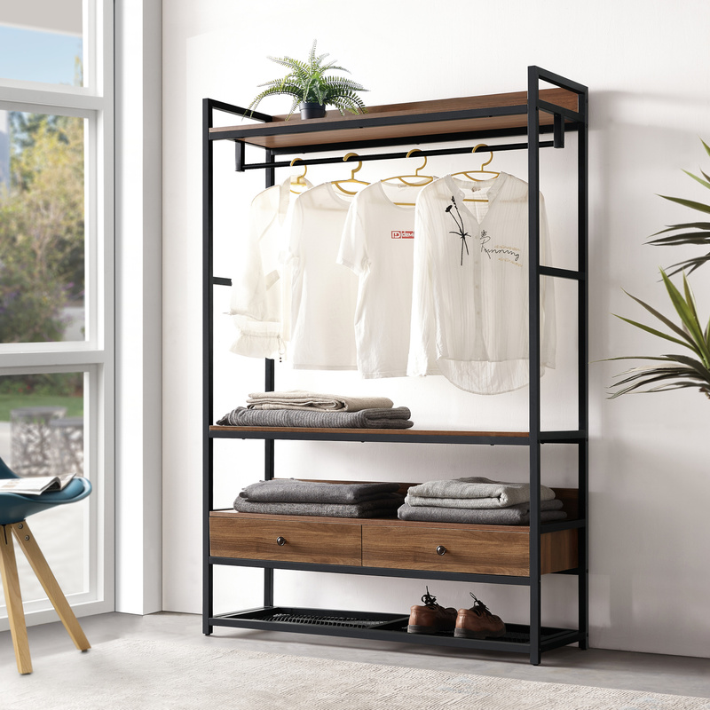 Walnut-look Coat Rack With 1 Rod, 4 Shelves, And 2 Drawers - Iron Metal Frame