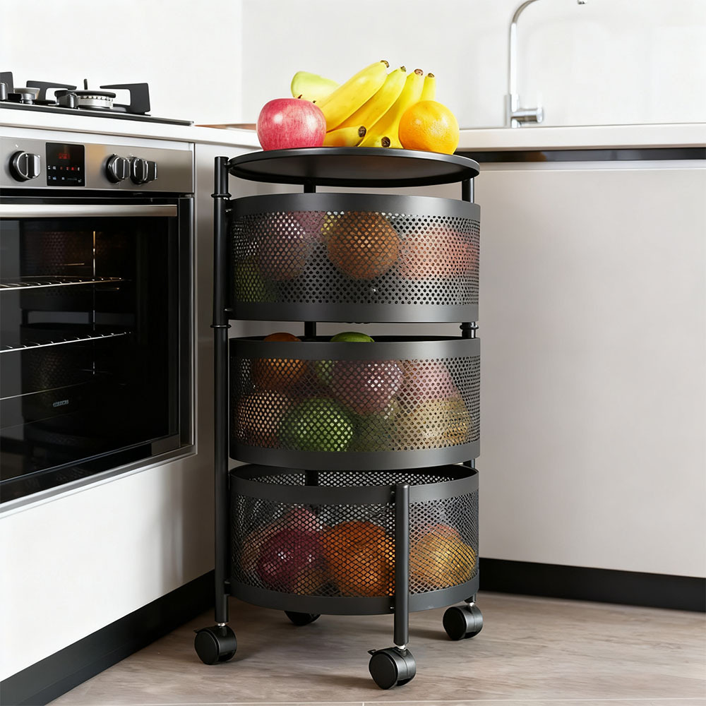 TEMU 360° Rotating Multi-functional Storage Cart, Round Carbon Steel Organizer With Locking Wheels, Large Capacity Vegetable Storage Rack For Kitchen
