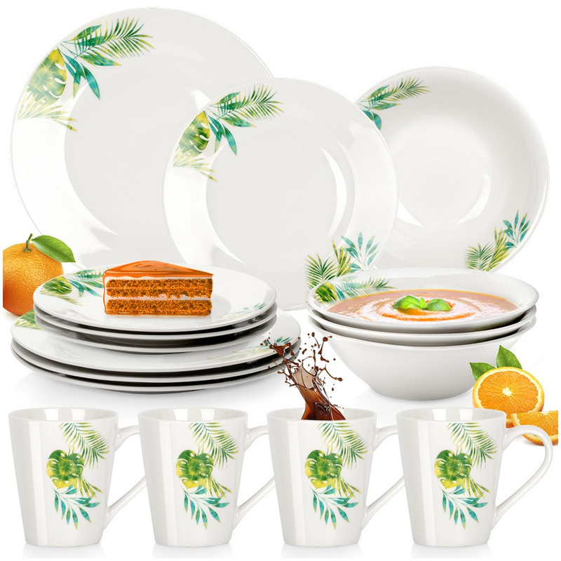 TEMU Porcelain Dinner Set, White With Plant Motif, 16pcs For - Complete Dinner Service With 12 Plates And 4 Cups, Including 4 Bowls 18x6 Cm, 4 Dinner