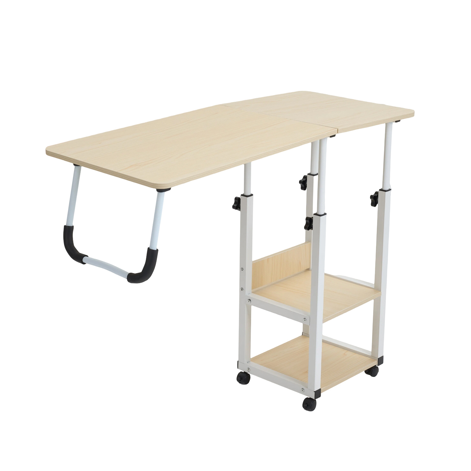 TEMU Adjustable Height Rolling Overbed Table With 2-tier Storage Shelves & Extendable Top, Light Mobile Laptop Desk For Bed, Sofa & Living Room,