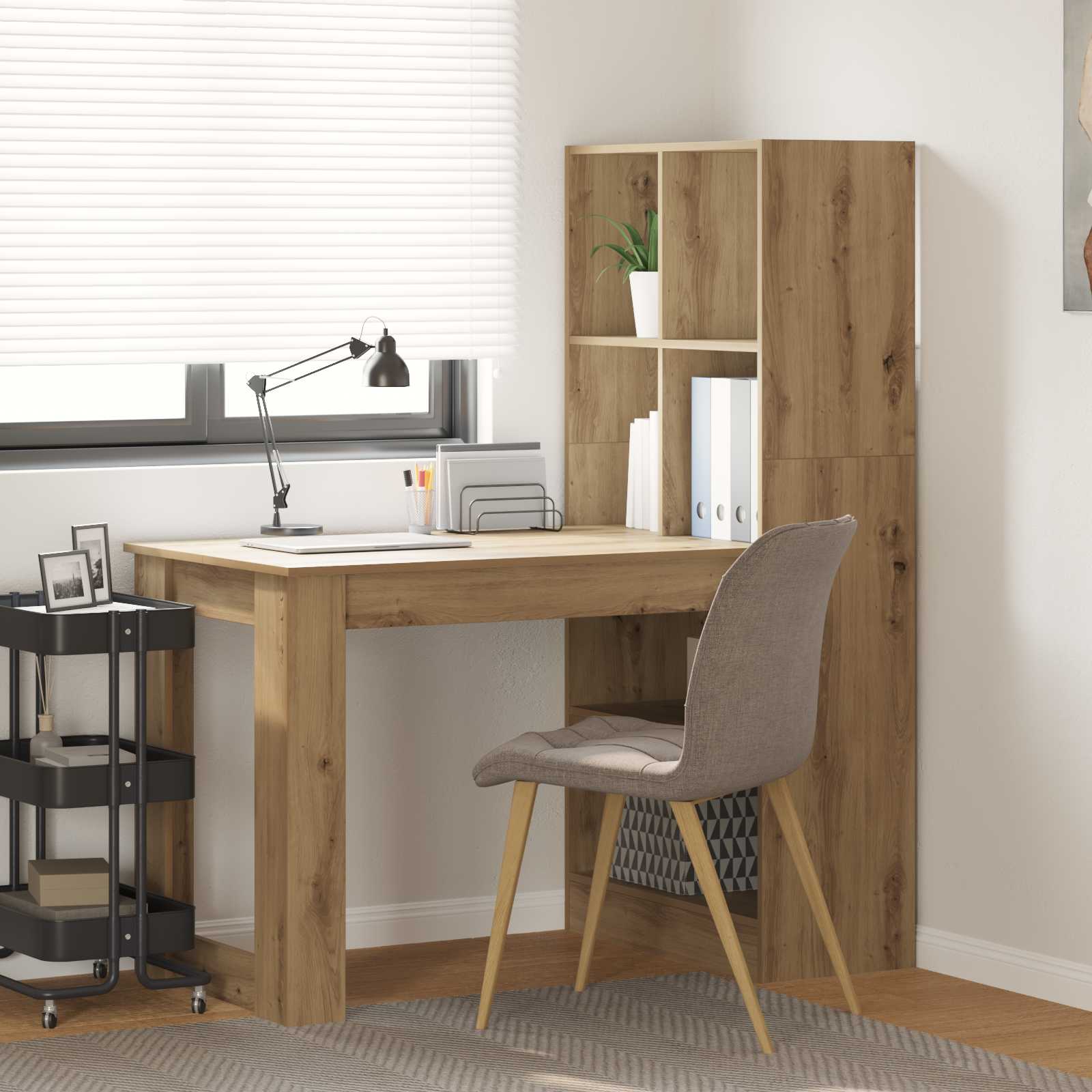 Image of Desk - Oak Wood 122 X 67 X 145 Cm, Stylish Desk For Home Office, Modern Writing Furniture, Compact With Storage Space, Perfect For Professionals